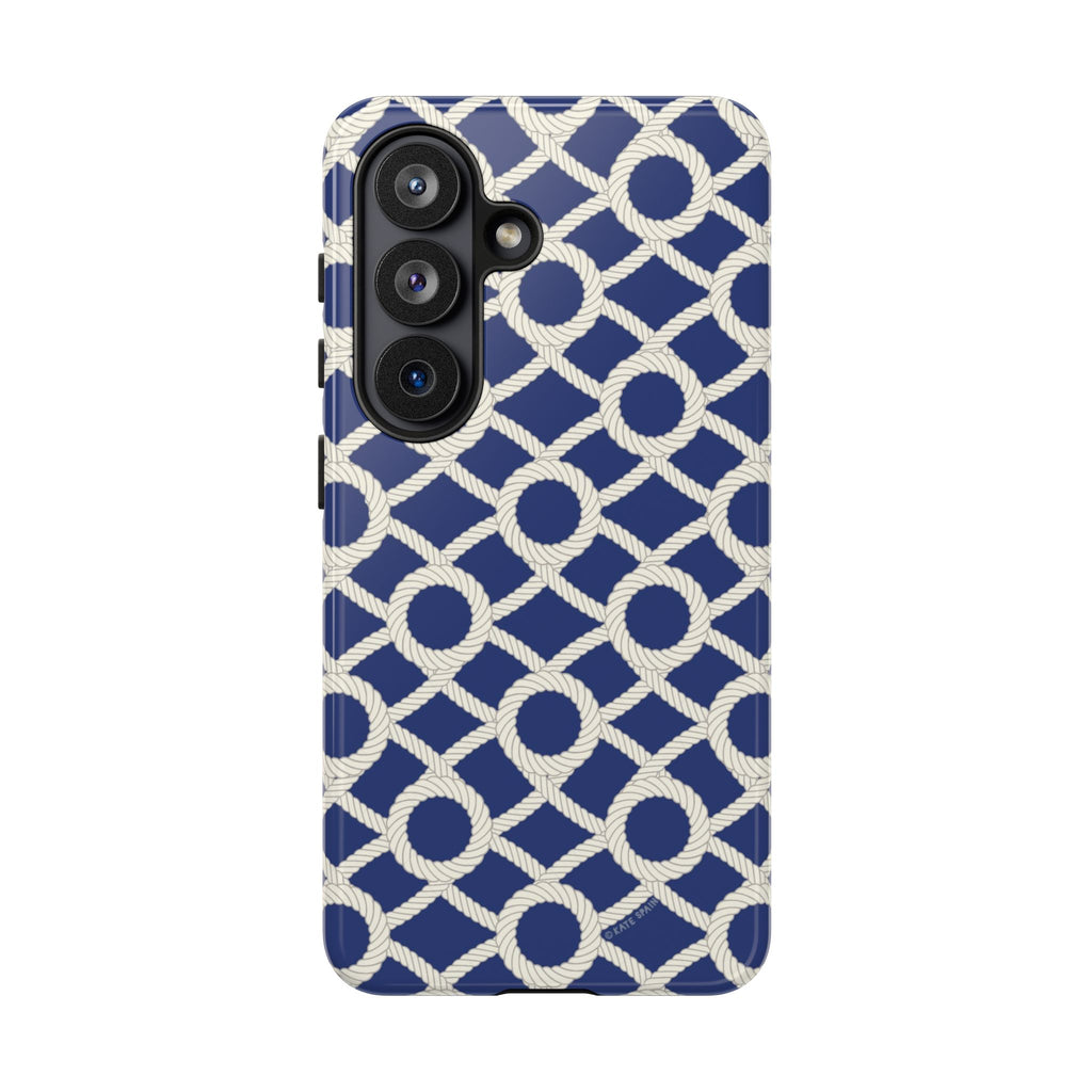 Luxury Sailor's Knot Samsung Galaxy S26 Case – Glossy | navy, cream nautical rope knot lattice print