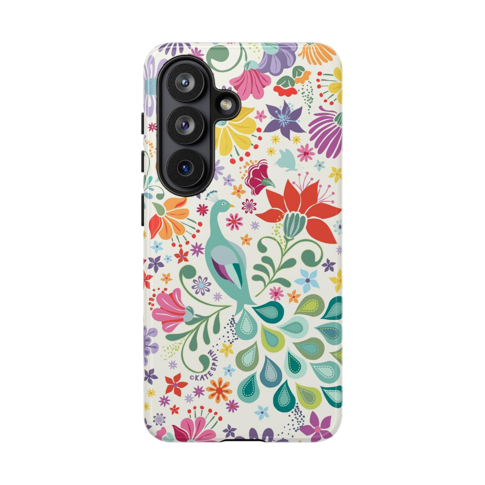 Luxury Peacock Sanctuary Samsung Galaxy S26 Case – Glossy | white, teal, coral multicolor vibrant peacock feather botanical print