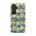 Luxury Sunflowers Samsung Galaxy S26 Case – Glossy | blue, yellow, gold geometric sunflower print 