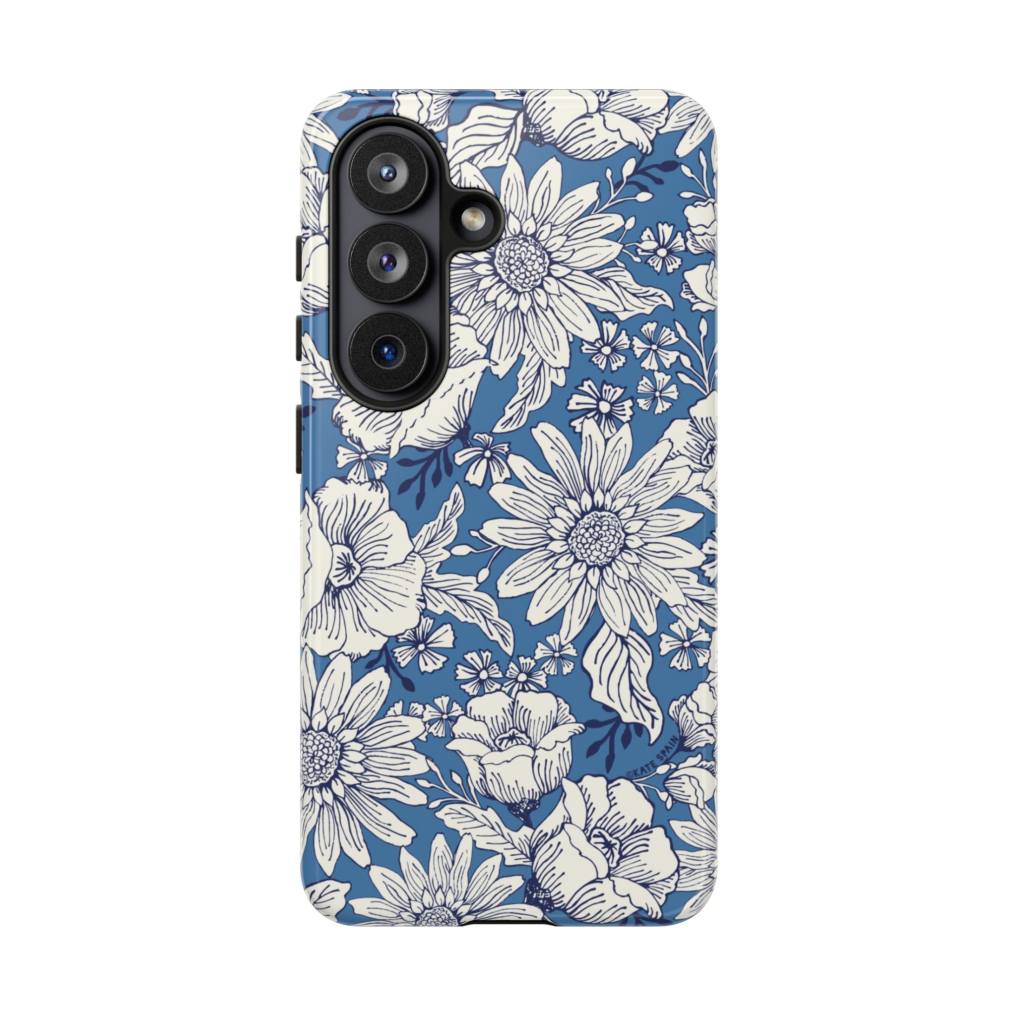 Luxury Jardin Samsung Galaxy S26 Case – Glossy | steel blue, white botanical daisy floral print