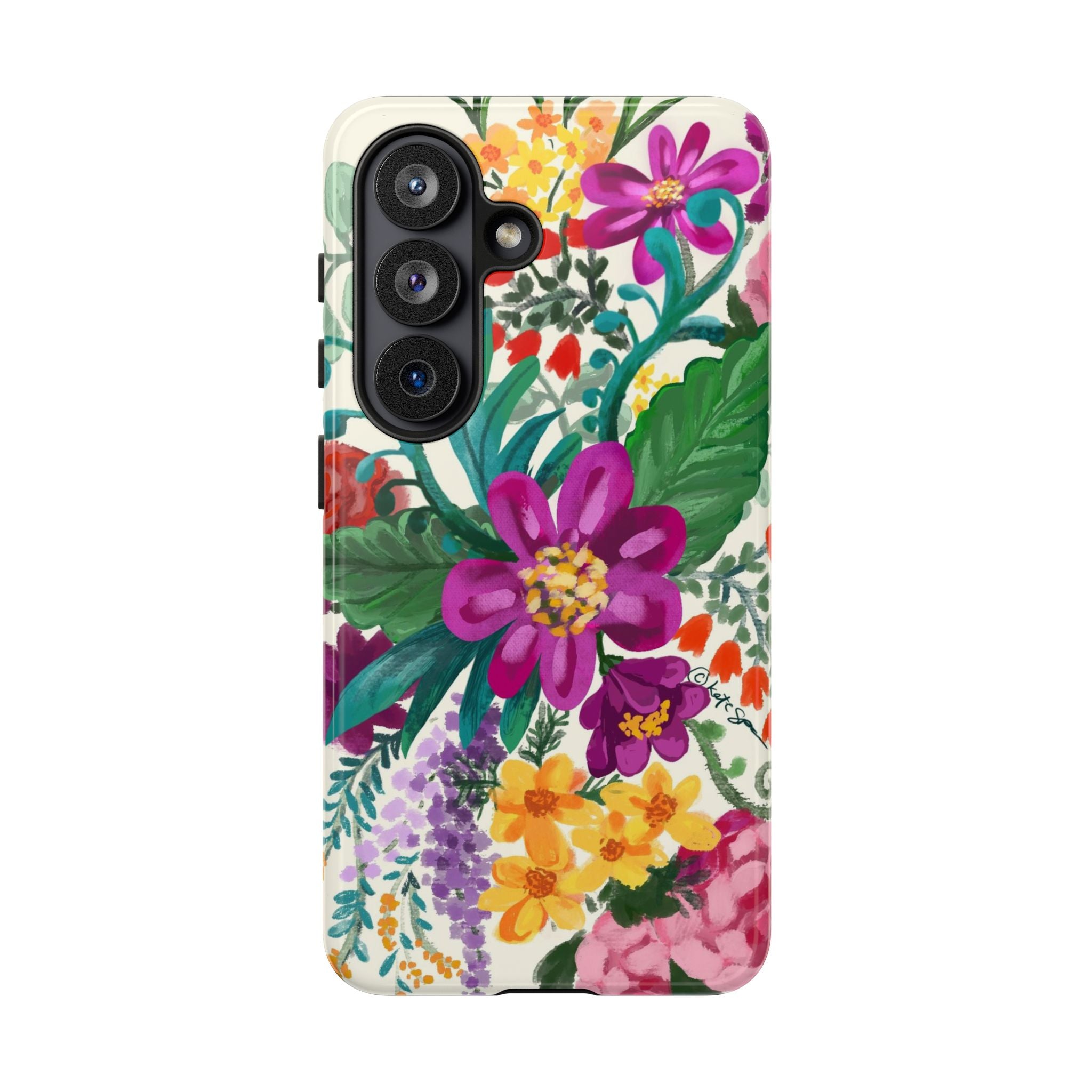 Tropical Posy Samsung Galaxy S26 Case – Glossy | white, magenta, yellow, purple vibrant botanical floral print