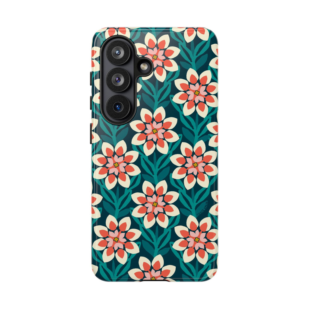 Luxury Modern Dahlia Samsung Galaxy S26 Case – Glossy | teal, coral, pink, cream modern dahlia print