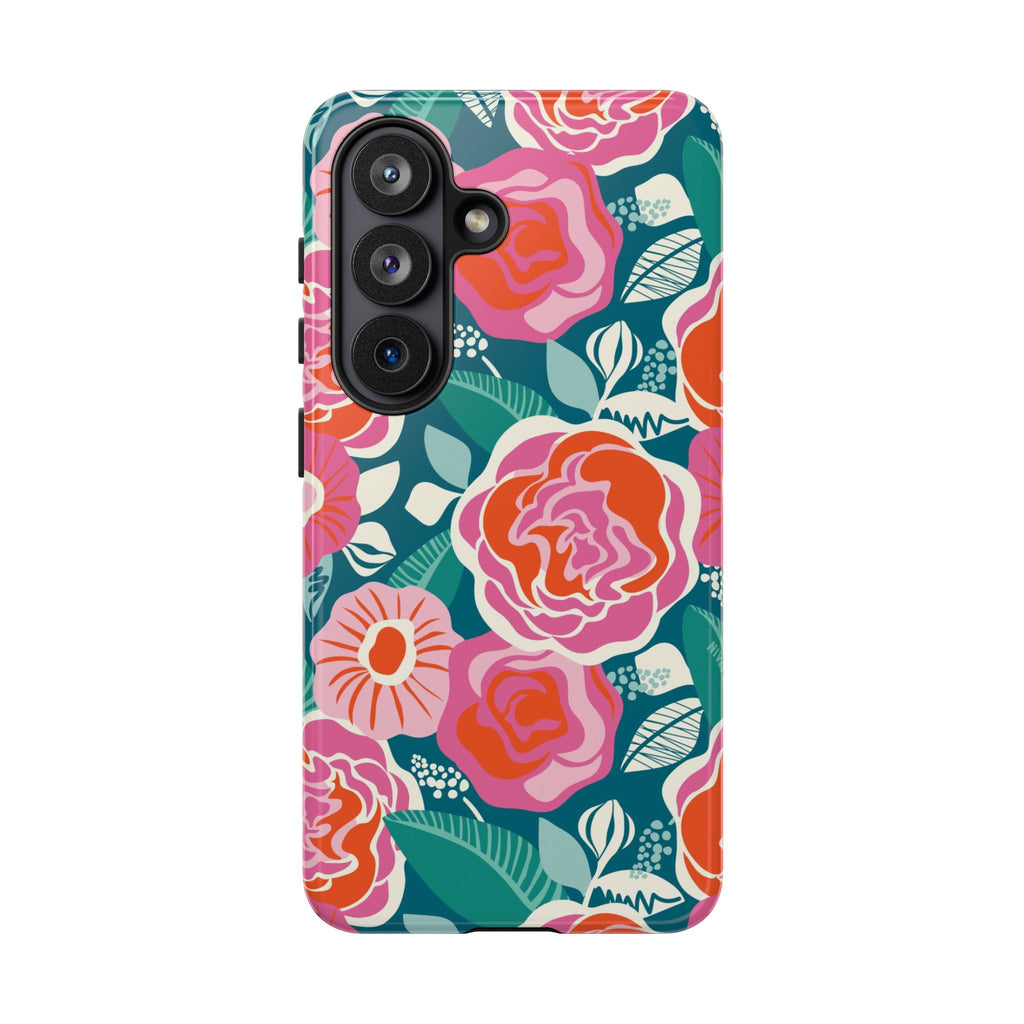 Luxury Tea Rose Teal Samsung Galaxy S26 Case – Glossy | teal, coral, pink botanical rose floral print
