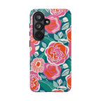 Luxury Tea Rose Teal Samsung Galaxy S26 Case – Glossy | teal, coral, pink botanical rose floral print
