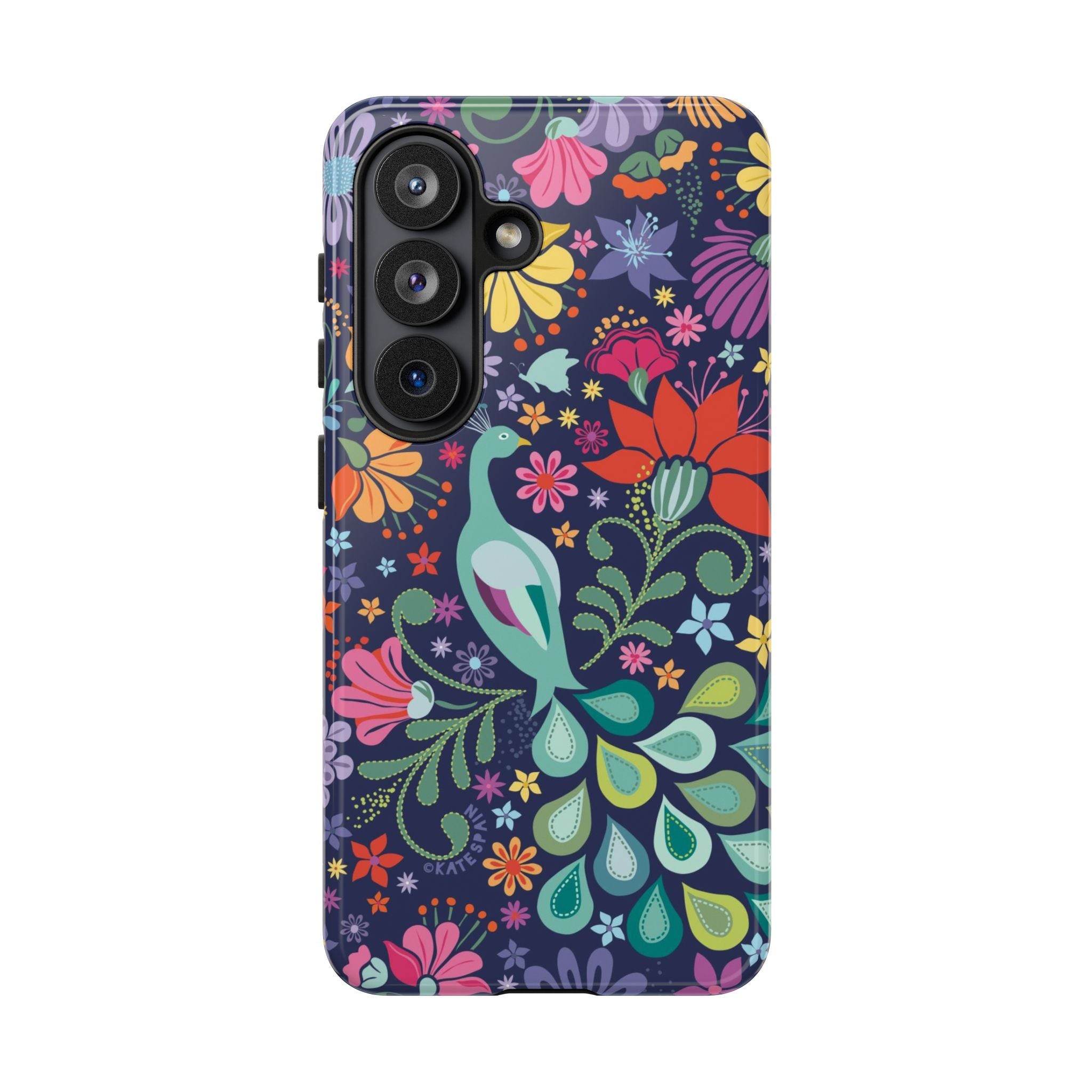 Luxury Peacock Sanctuary Samsung Galaxy S26 Case – Glossy | navy, teal, coral multicolor vibrant peacock feather botanical print
