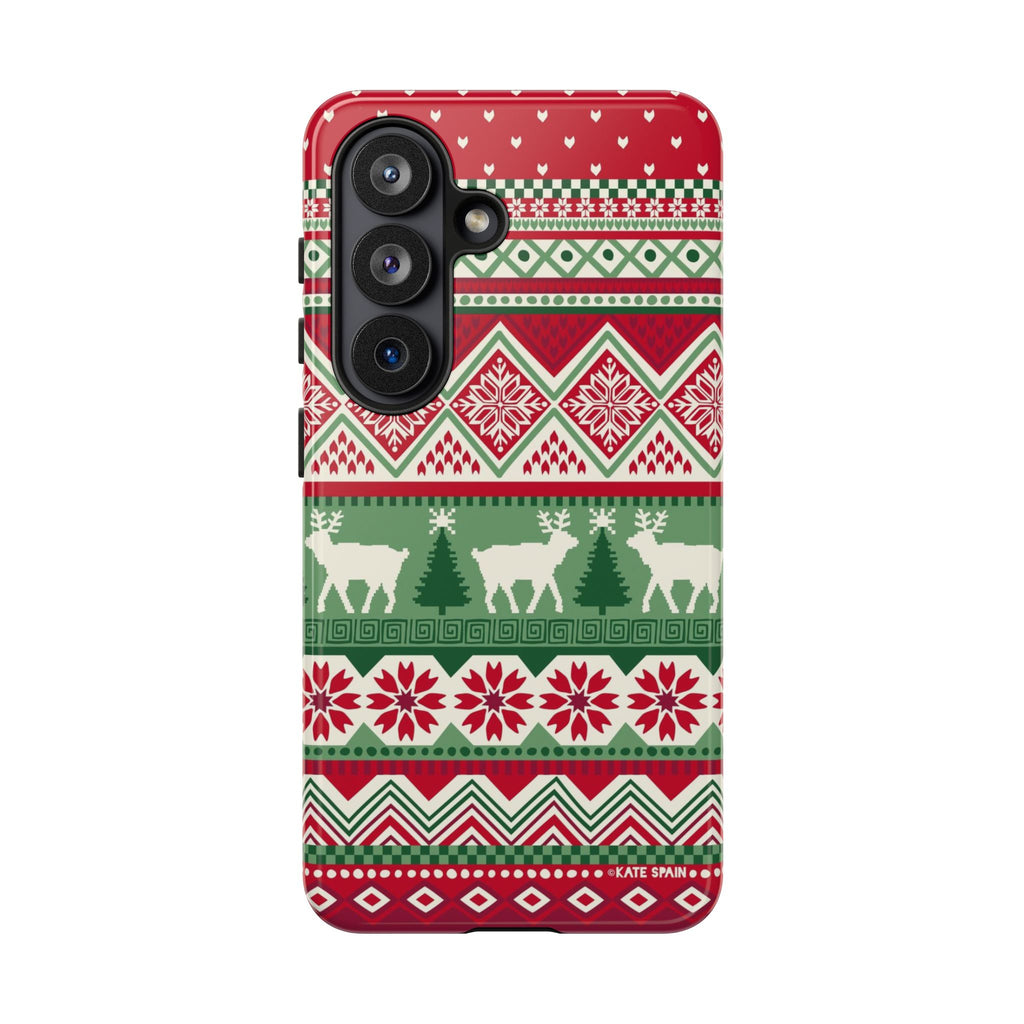 Luxury Telemark Samsung Galaxy S26 Case – Glossy | red, green, cream Nordic fair isle reindeer print