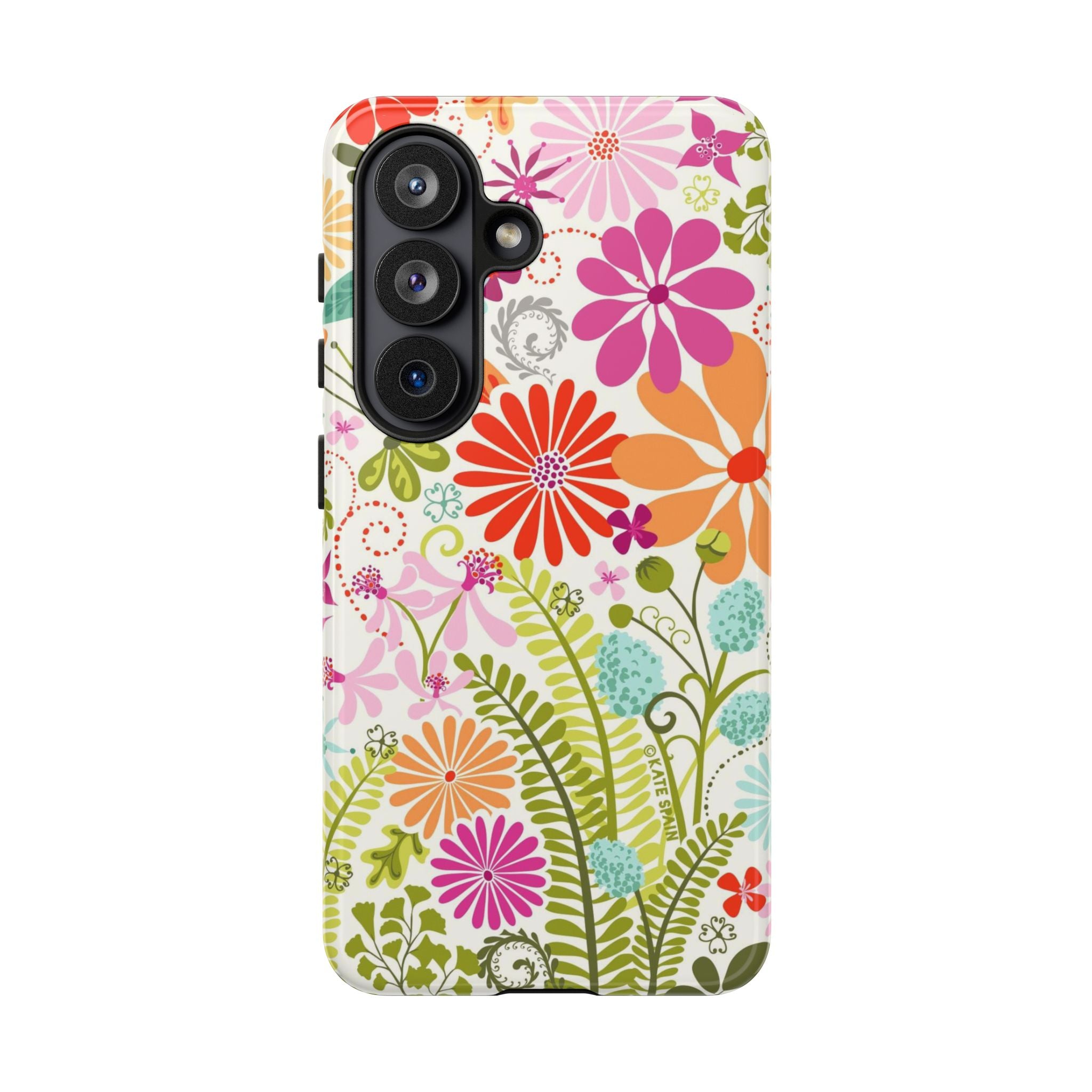 Luxury Terrain Samsung Galaxy S26 Case – Glossy | white, magenta, coral botanical woodland floral print 