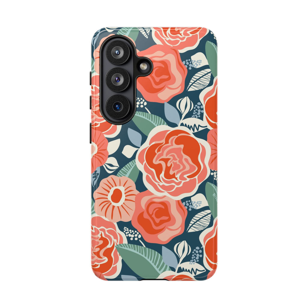Luxury Tea Rose Navy Samsung Galaxy S26 Case – Glossy | navy, coral, peach botanical rose floral print