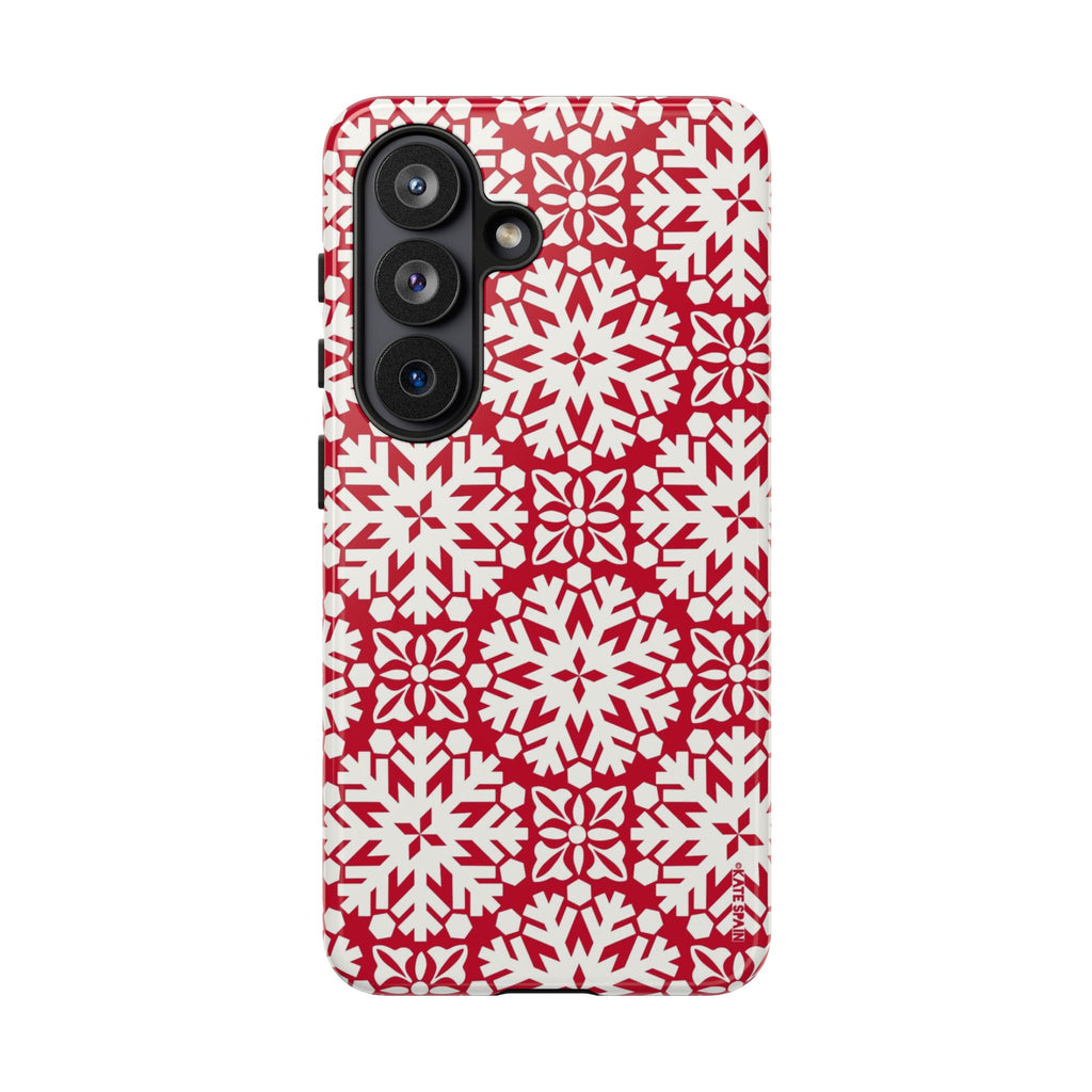 Flurry Samsung Galaxy S26 Case – Glossy | white, red geometric snowflake tile print