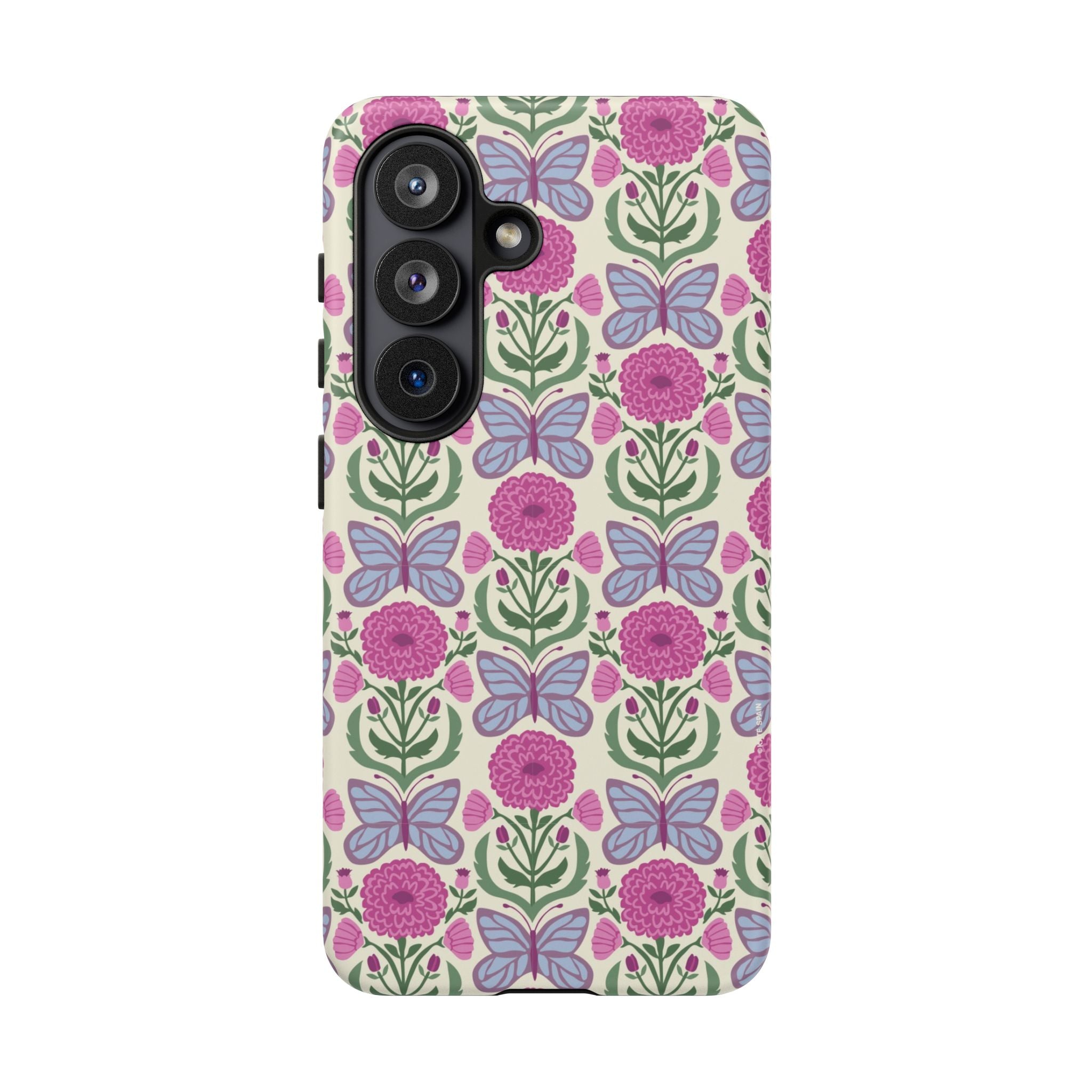 Luxury Butterfly Samsung Galaxy S26 Case – Glossy | cream, magenta, periwinkle butterfly floral print