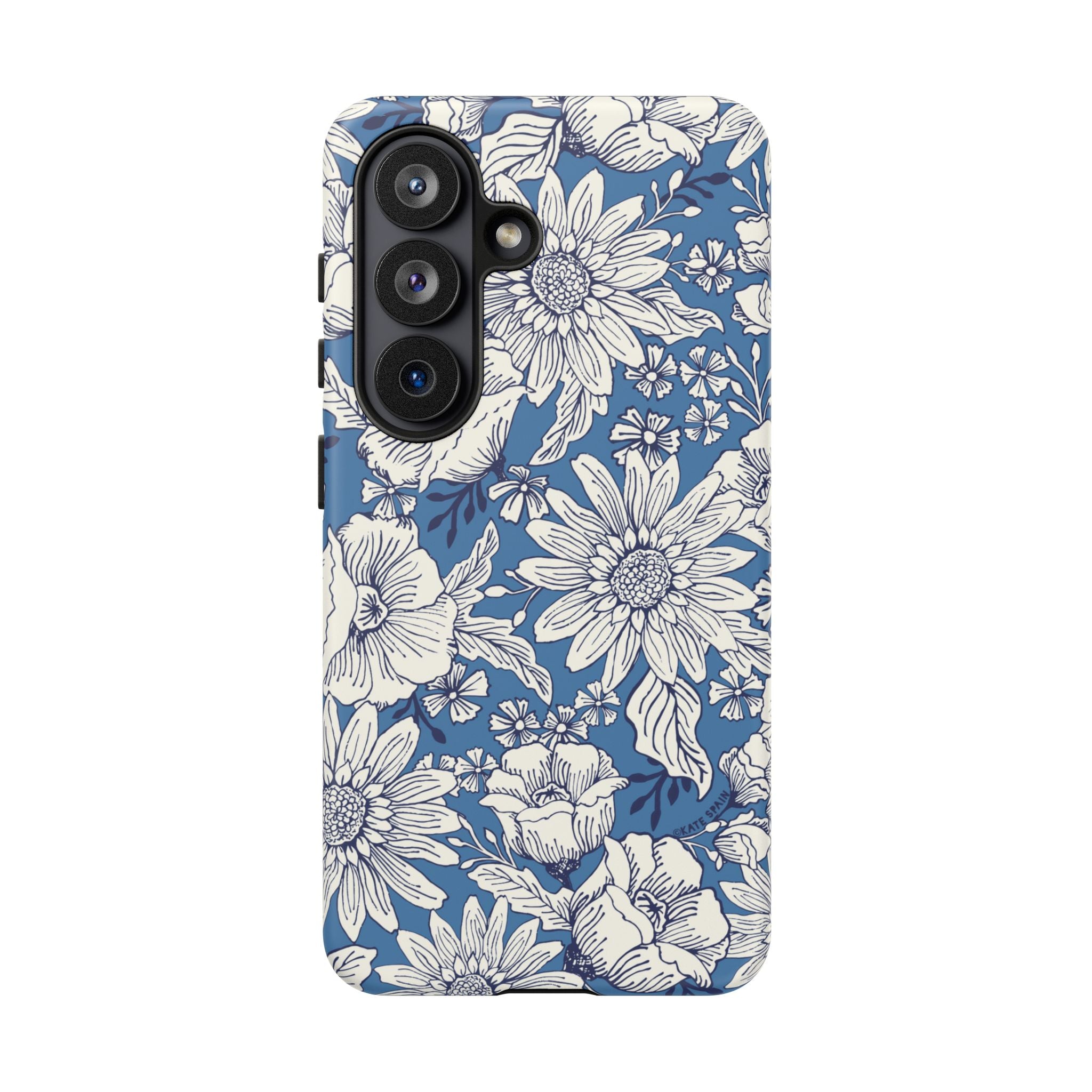 Luxury Jardin Samsung Galaxy S26 Case – Matte | steel blue, white botanical daisy floral print