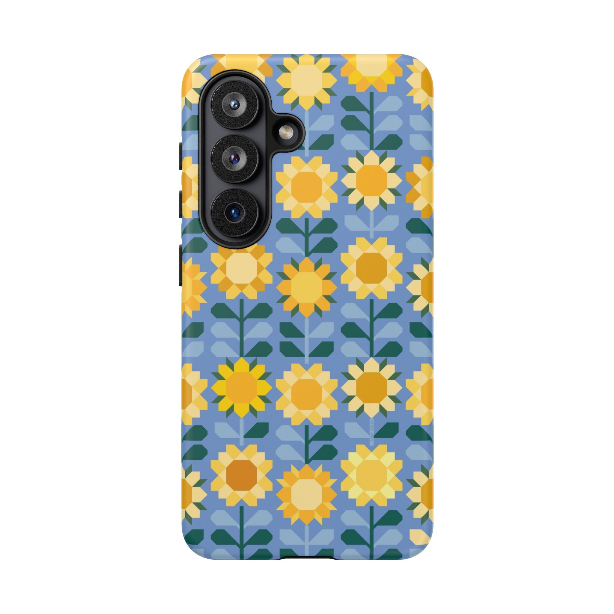 Luxury Sunflowers Samsung Galaxy S26 Case – Matte | blue, yellow, gold geometric sunflower print 