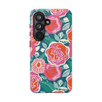 Luxury Tea Rose Teal Samsung Galaxy S26 Case – Matte | teal, coral, pink botanical rose floral print