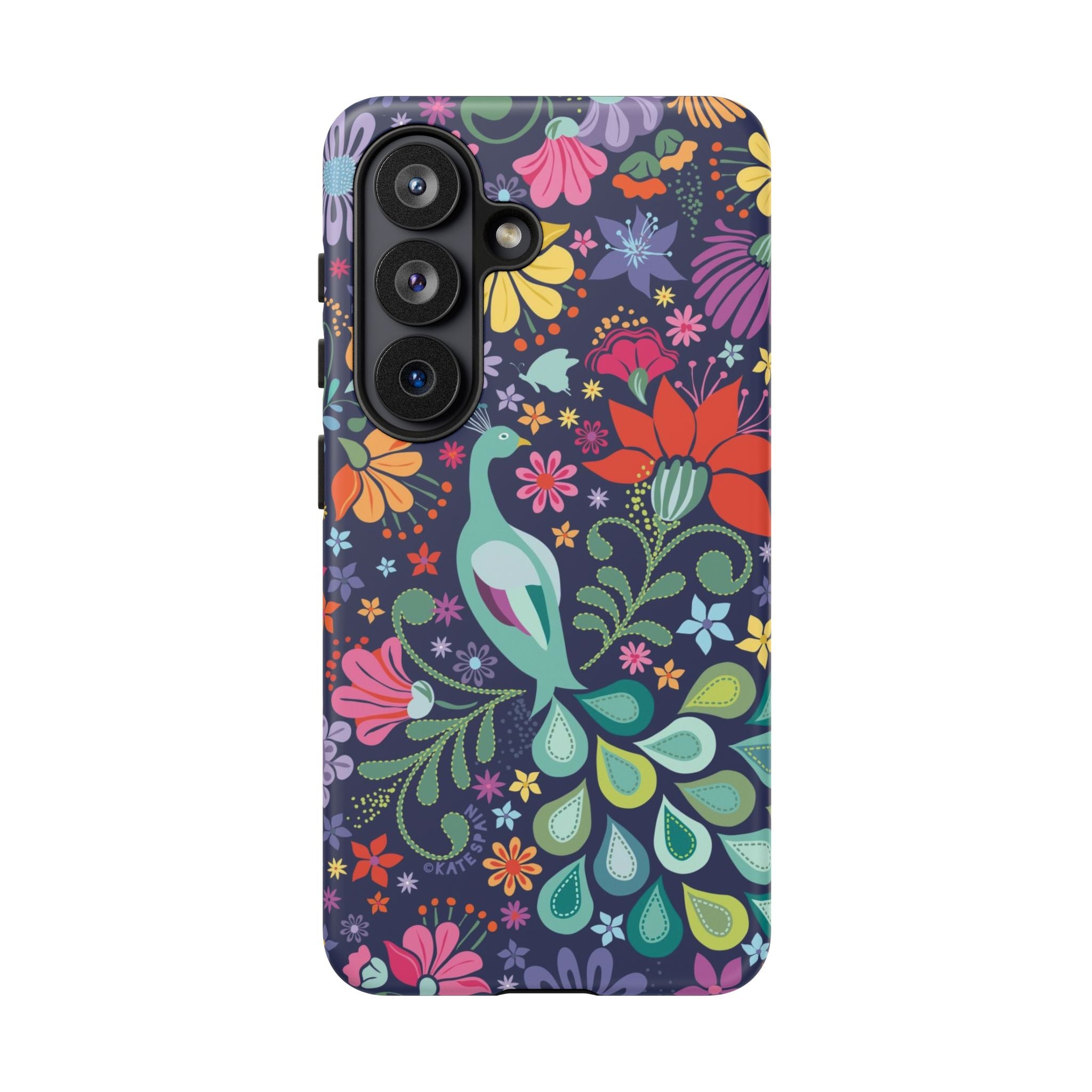 Luxury Peacock Sanctuary Samsung Galaxy S26 Case – Matte | navy, teal, coral multicolor vibrant peacock feather botanical print
