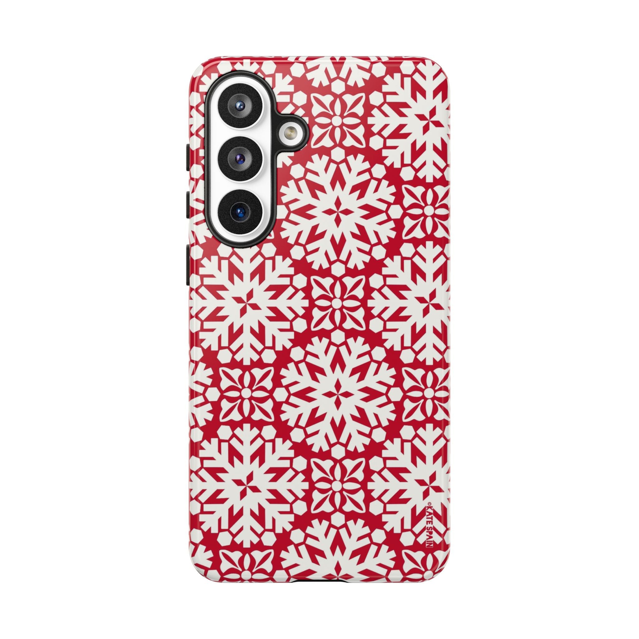Flurry Samsung Galaxy S26 Plus Case – Glossy | white, red geometric snowflake tile print