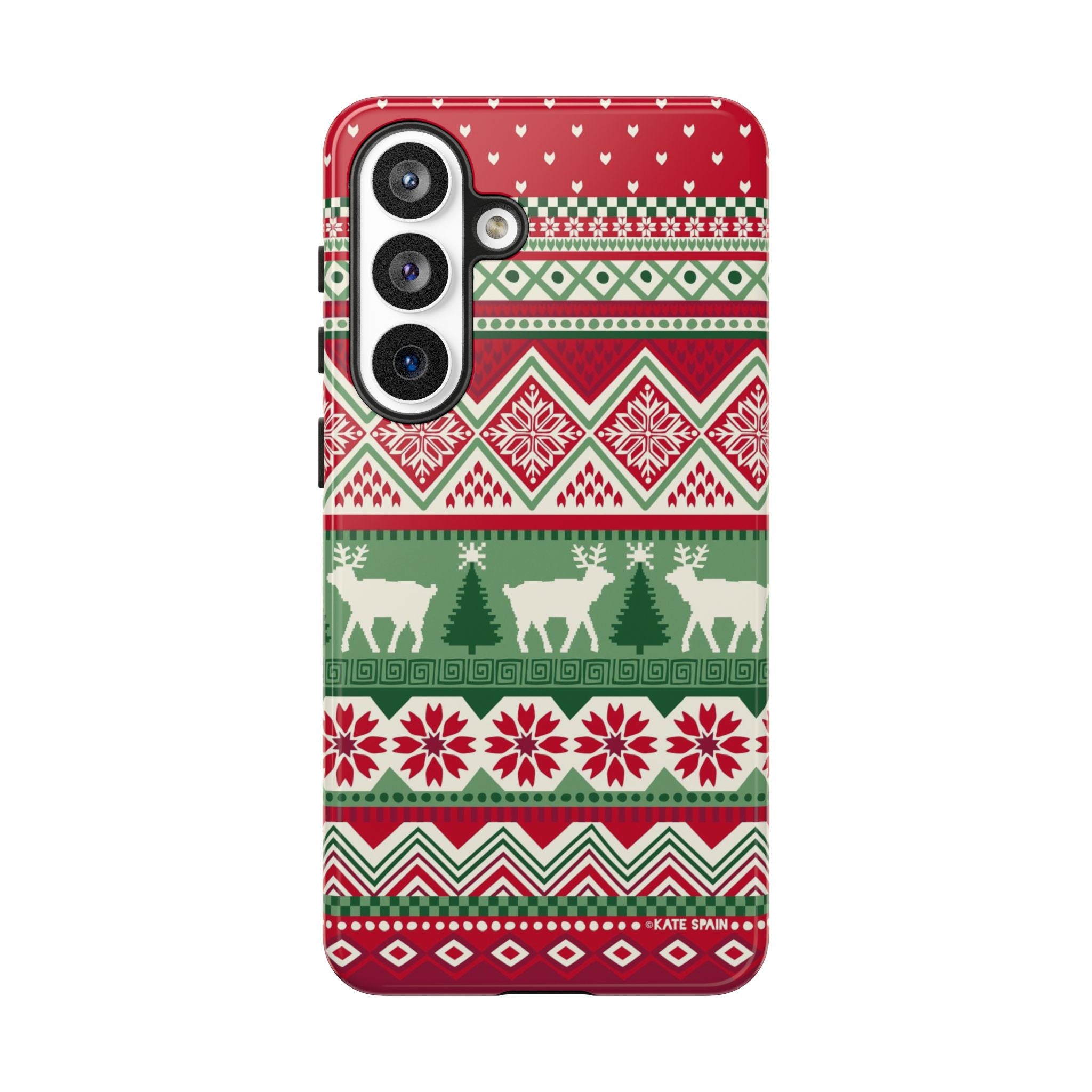Luxury Telemark Samsung Galaxy S26 Plus Case – Glossy | red, green, cream Nordic fair isle reindeer print
