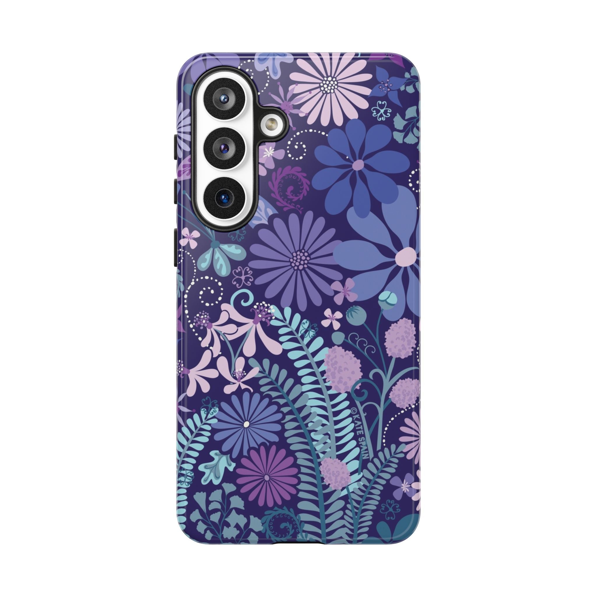 Luxury Terrain Samsung Galaxy S26 Plus Case – Glossy | navy, purple, aqua botanical woodland floral print