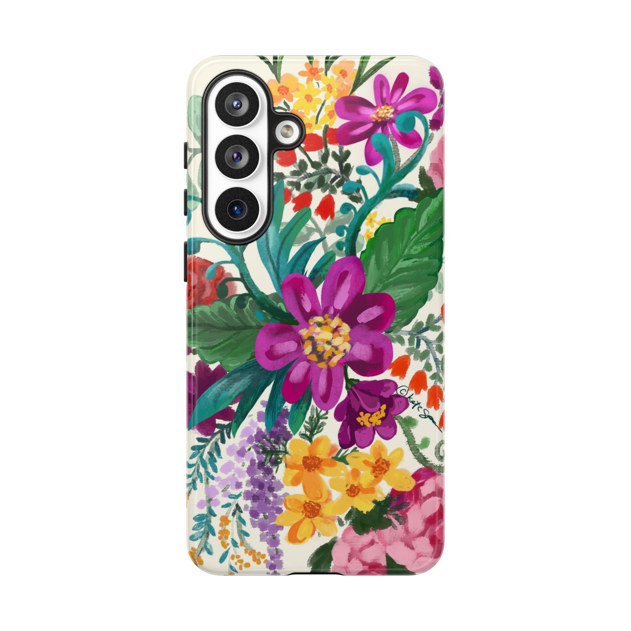 Tropical Posy Samsung Galaxy S26 Plus Case – Glossy | white, magenta, yellow, purple vibrant botanical floral print