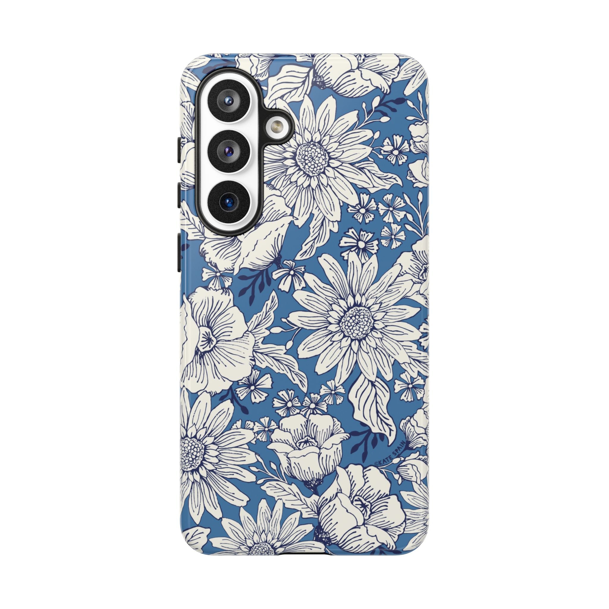 Luxury Jardin Samsung Galaxy S26 Plus Case – Glossy | steel blue, white botanical daisy floral print