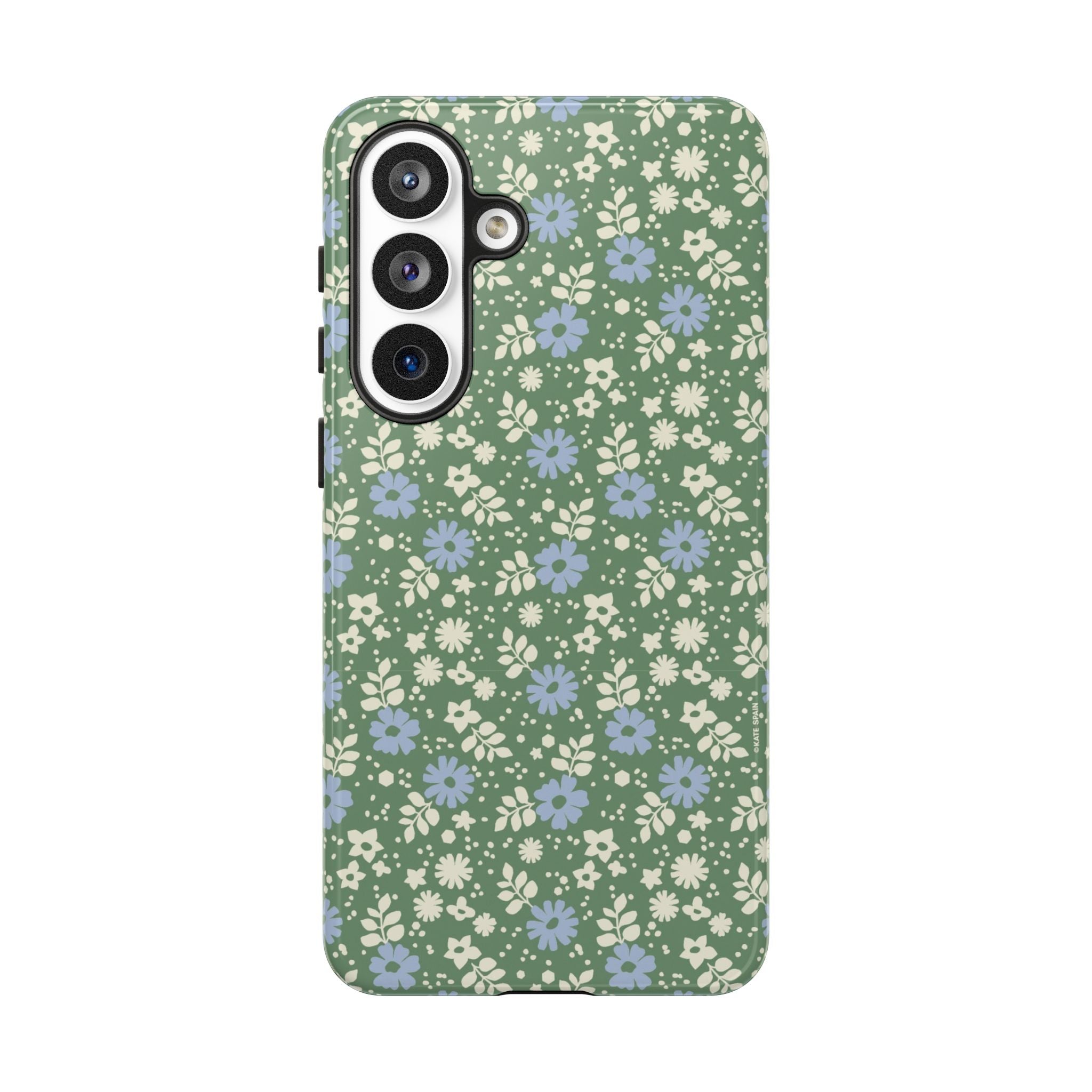 Cottage Core Cute Petaline Samsung Galaxy S26 Plus Case – Glossy | green background with white and blue ditsy florals