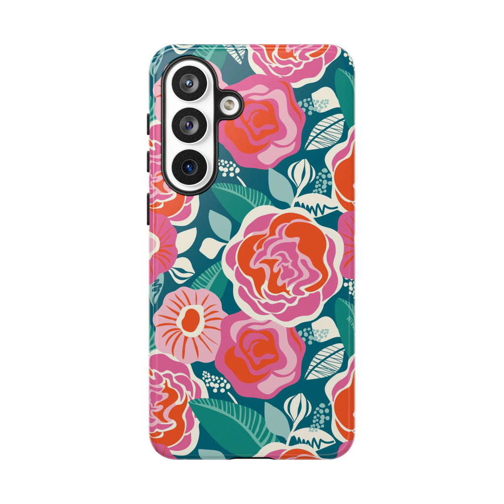 Luxury Tea Rose Teal Samsung Galaxy S26 Plus Case – Glossy | teal, coral, pink botanical rose floral print