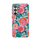 Luxury Tea Rose Teal Samsung Galaxy S26 Plus Case – Glossy | teal, coral, pink botanical rose floral print