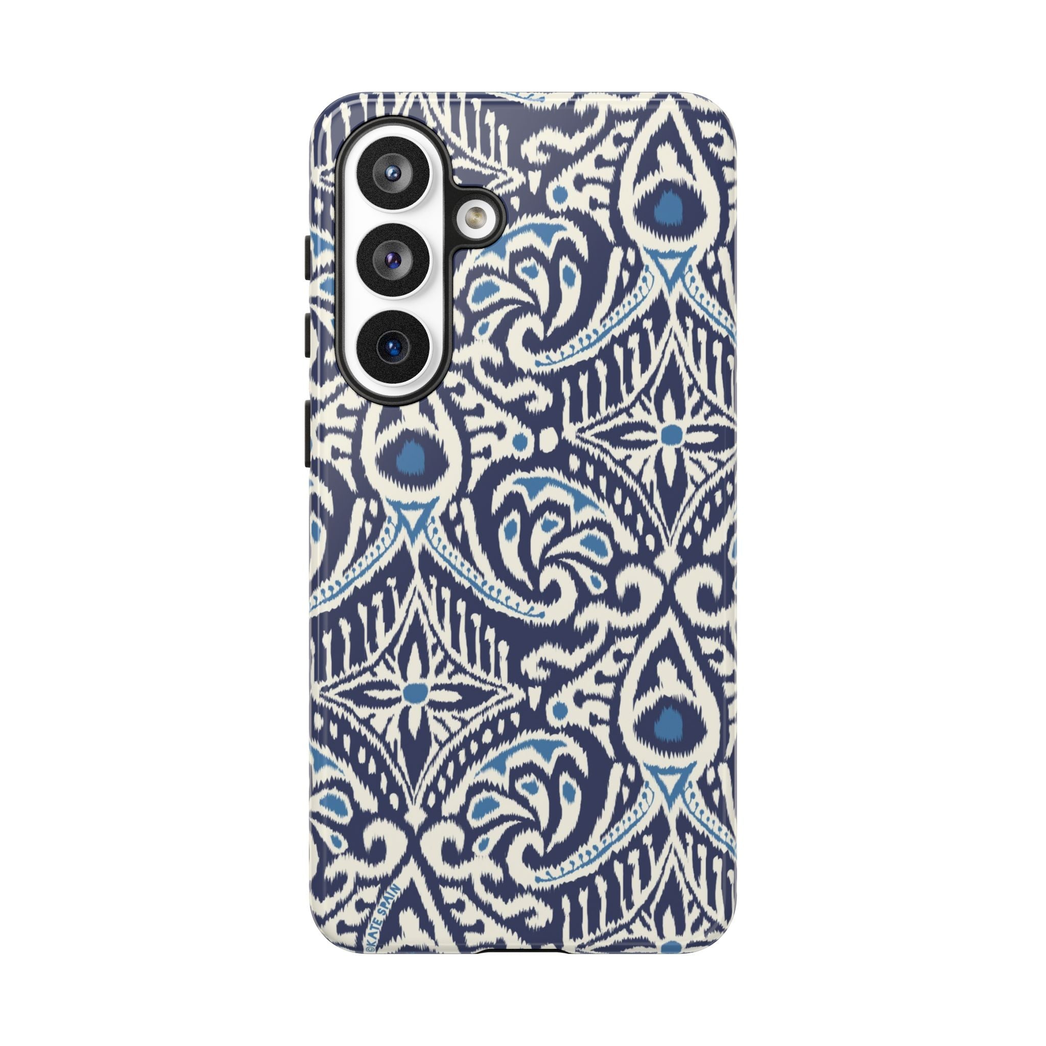 Luxury Ikat Samsung Galaxy S26 Plus Case – Glossy | navy, white, aqua ikat geometric medallion print