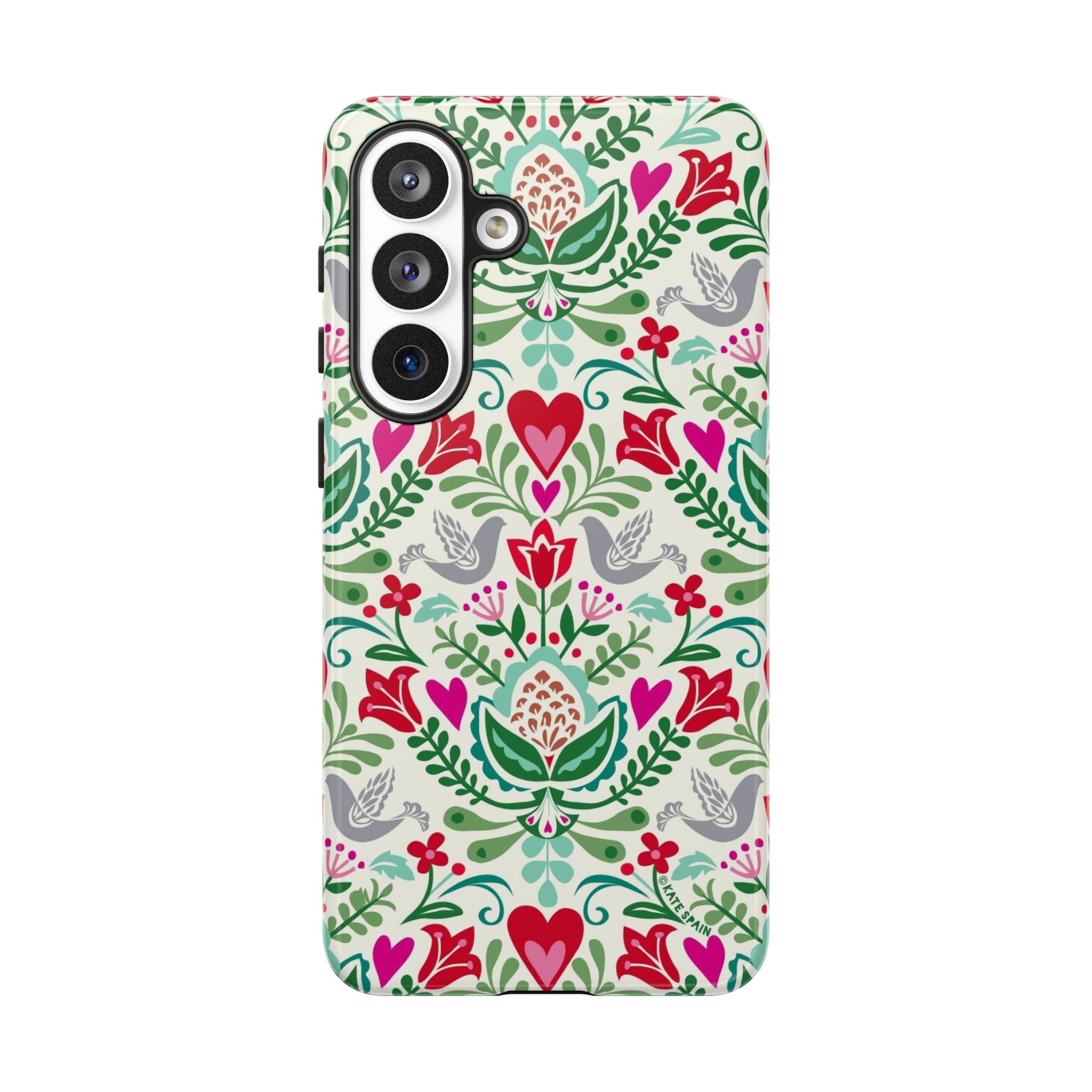 Rosemaling Samsung Galaxy S26 Plus Case – Glossy | white, red, green rosemaling floral print