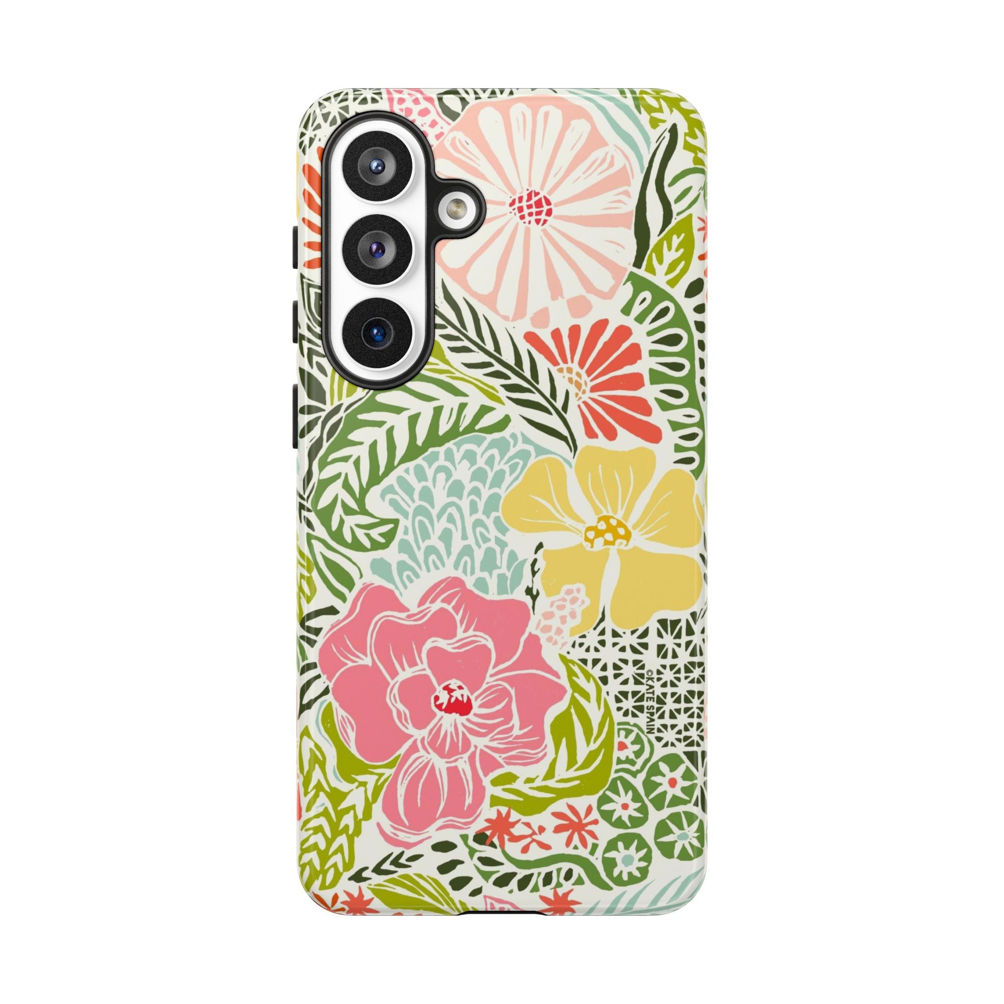 Cute Tropica Samsung Galaxy S26 Plus Case – Glossy | cream, pink, yellow, blue botanical floral print