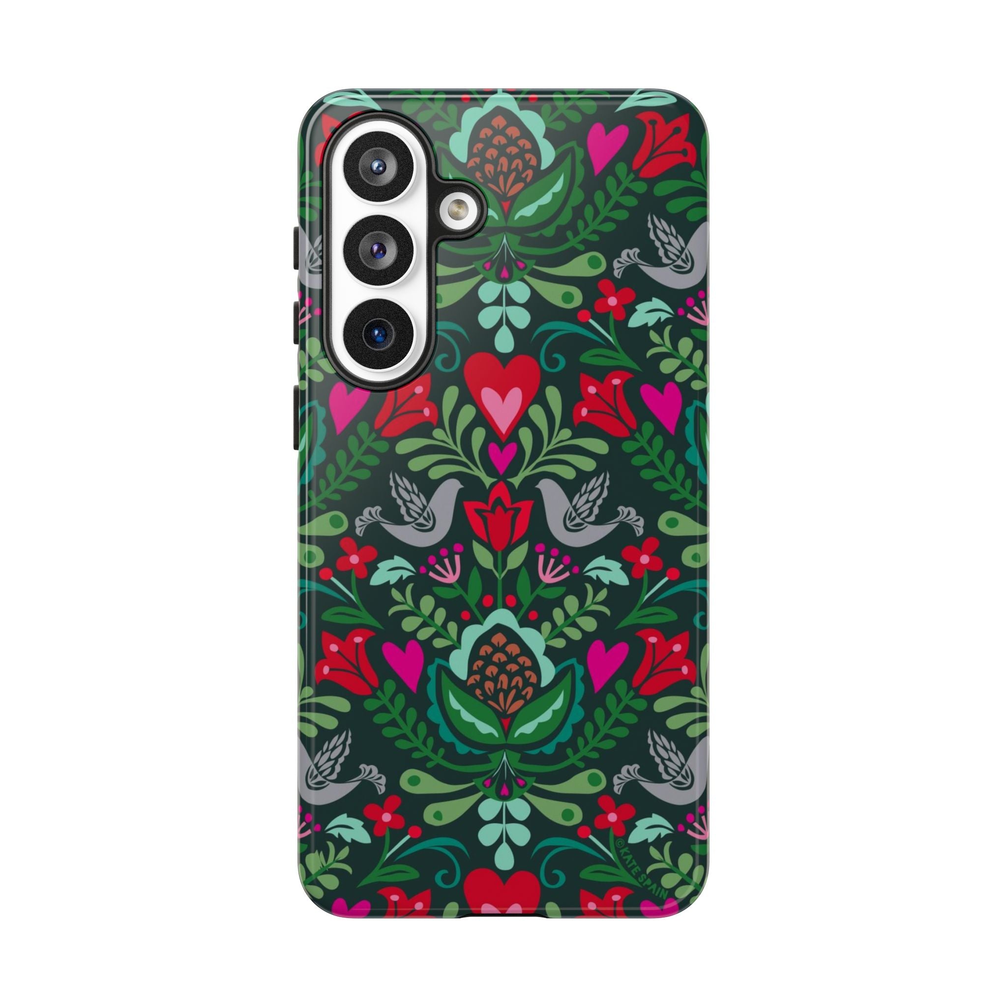 Rosemaling Samsung Galaxy S26 Plus Case – Glossy | forest green, red, pink rosemaling floral print