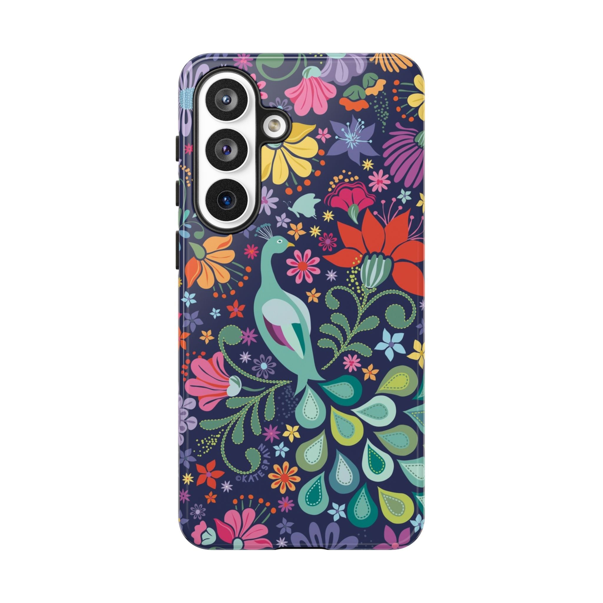 Luxury Peacock Sanctuary Samsung Galaxy S26 Plus Case – Glossy | navy, teal, coral multicolor vibrant peacock feather botanical print