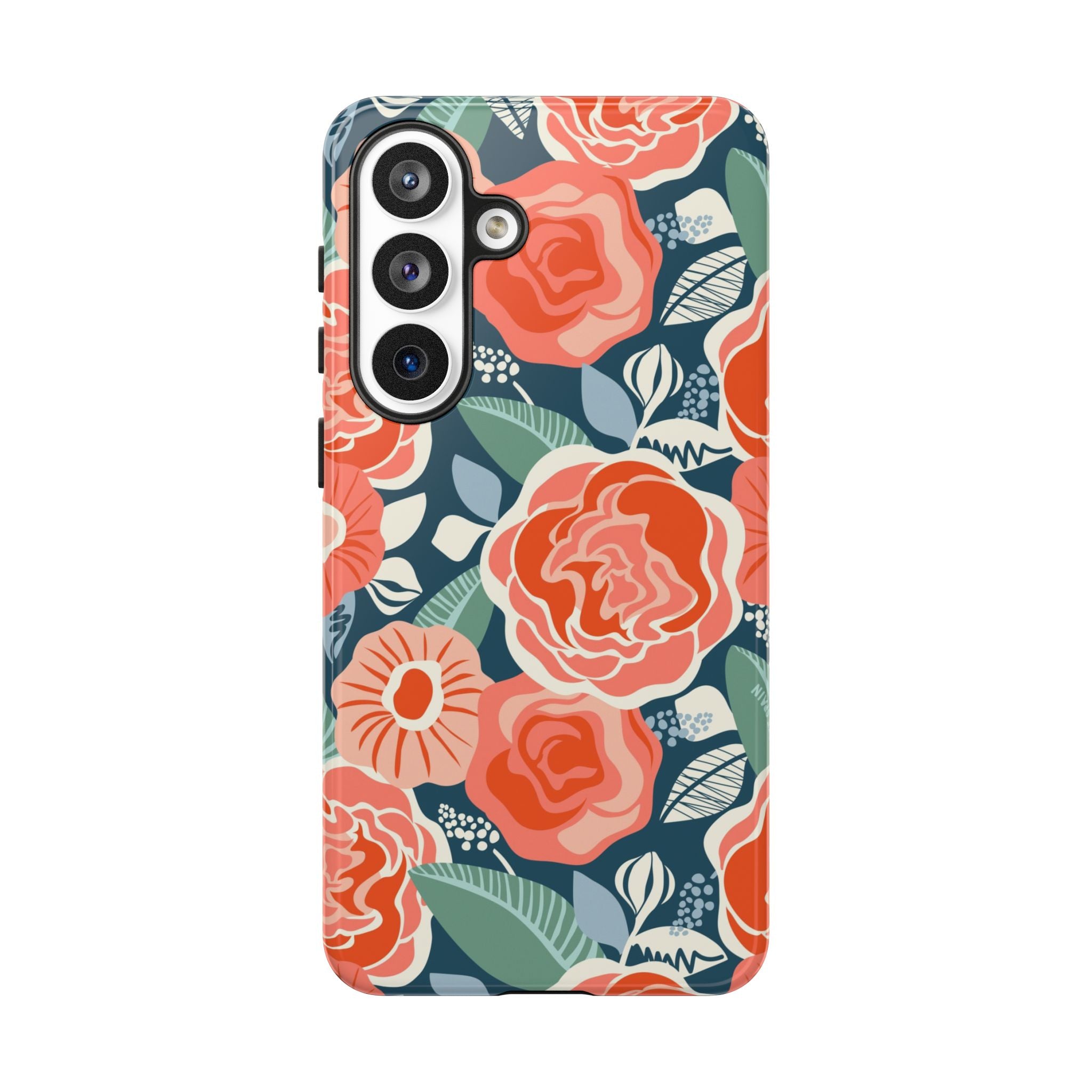 Luxury Tea Rose Navy Samsung Galaxy S26 Plus Case – Glossy | navy, coral, peach botanical rose floral print