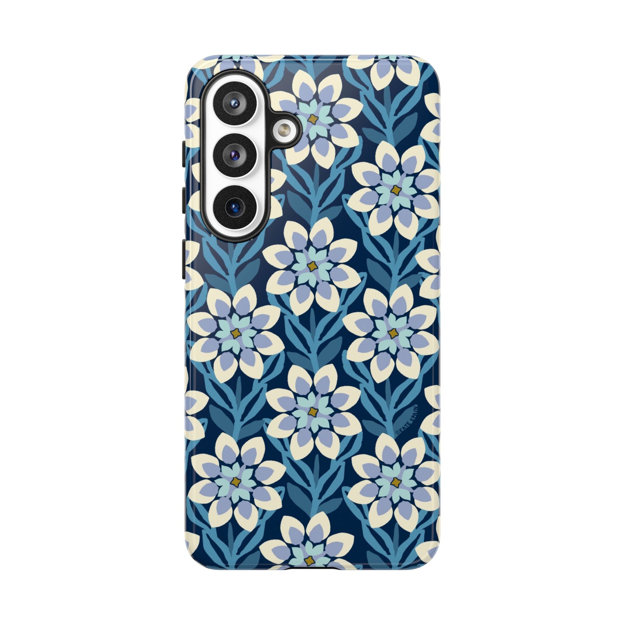 Luxury Modern Dahlia Samsung Galaxy S26 Plus Case – Glossy | navy, white, periwinkle modern dahlia print