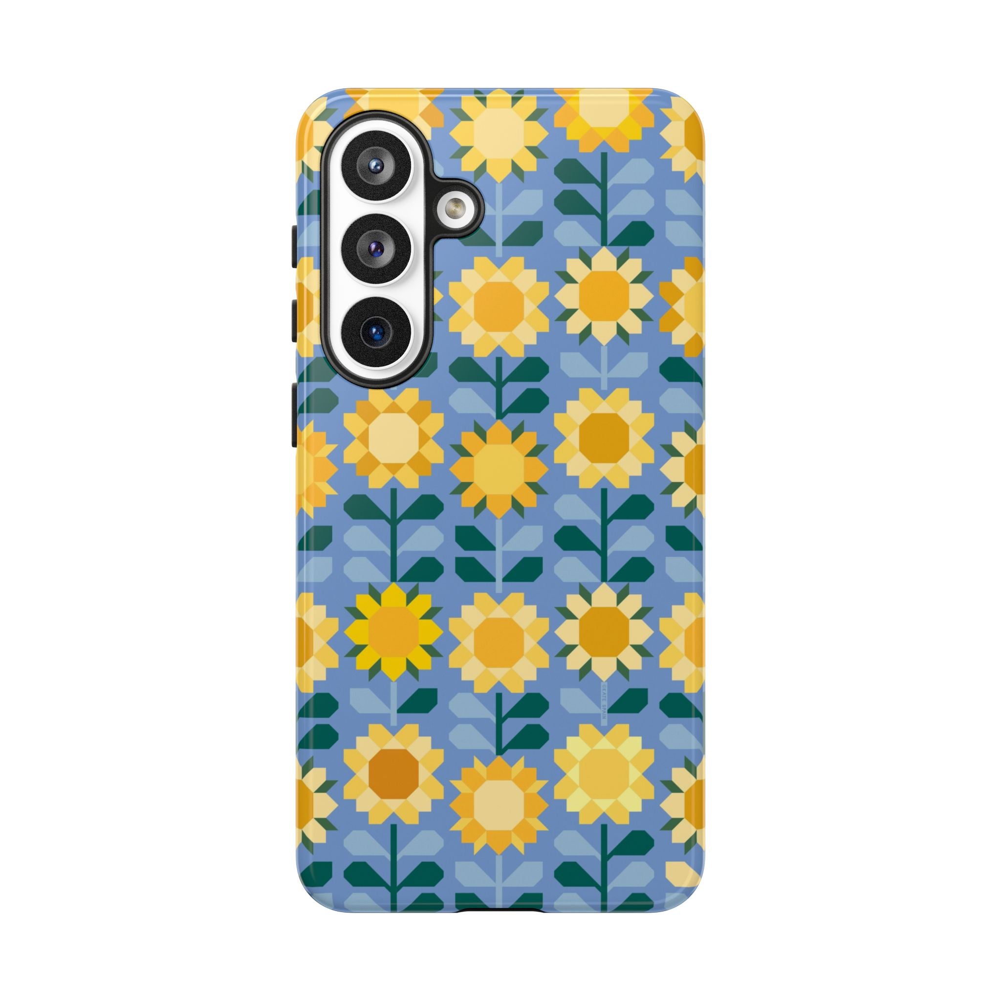 Luxury Sunflowers Samsung Galaxy S26 Plus Case – Glossy | blue, yellow, gold geometric sunflower print 