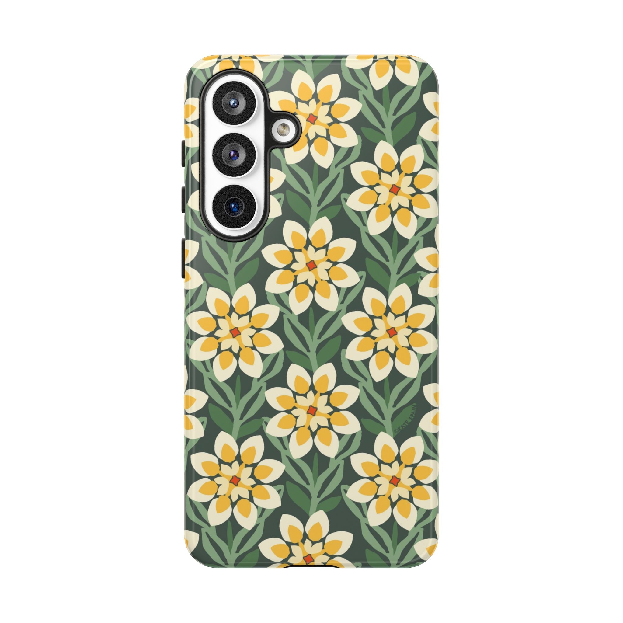 Luxury Modern Dahlia Samsung Galaxy S26 Plus Case – Glossy | forest green, yellow, cream modern dahlia print