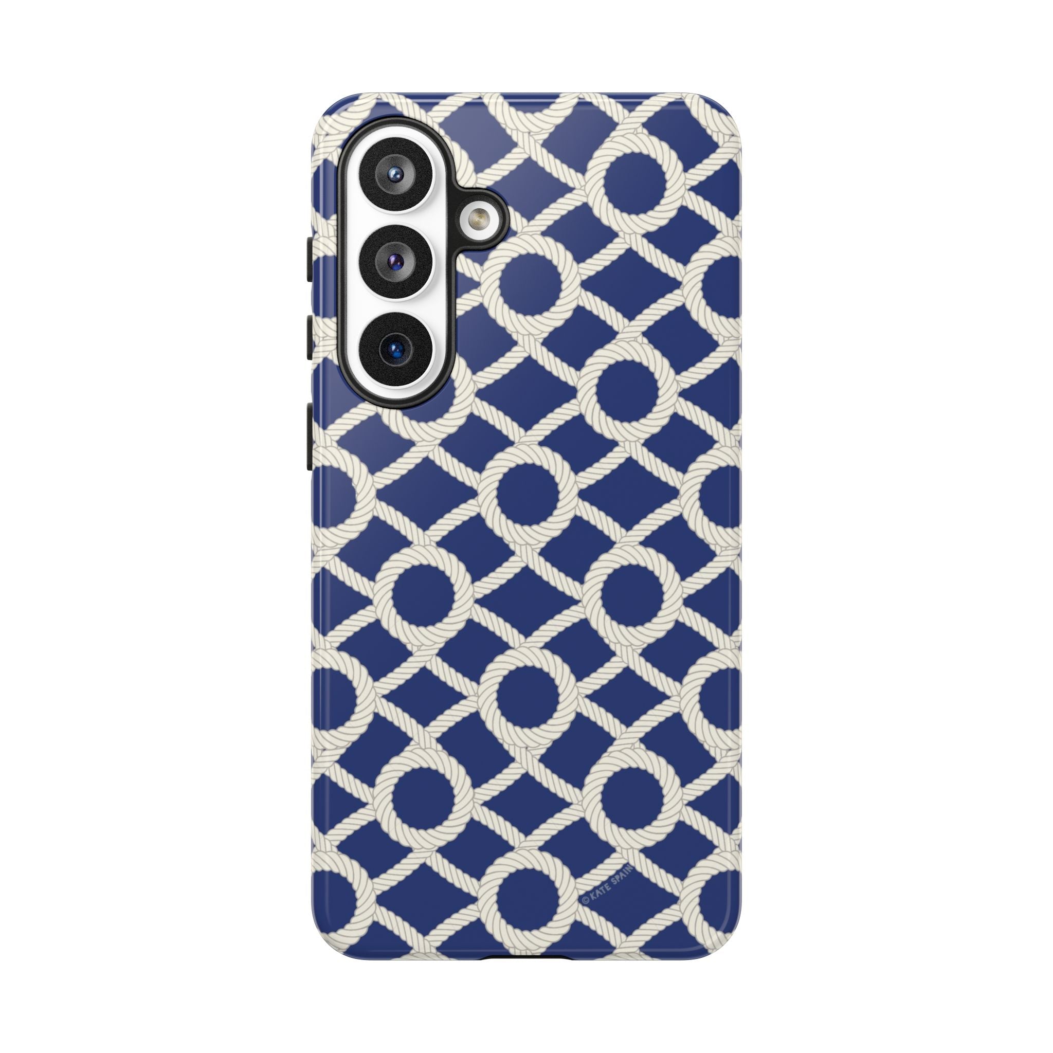 Luxury Sailor's Knot Samsung Galaxy S26 Plus Case – Glossy | navy, cream nautical rope knot lattice printbackground