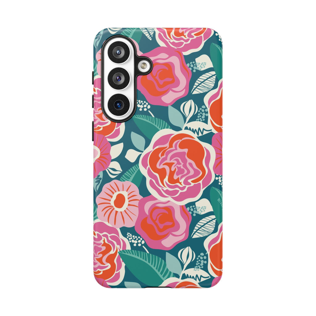 Luxury Tea Rose Teal Samsung Galaxy S26 Plus Case – Matte | teal, coral, pink botanical rose floral print