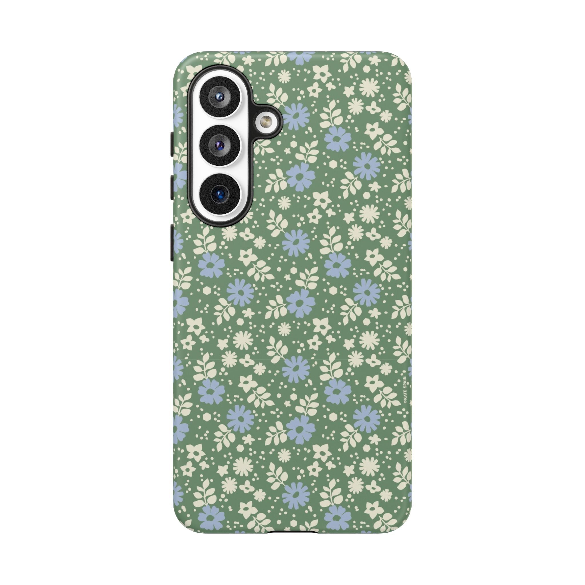Cottage Core Cute Petaline Samsung Galaxy S26 Plus Case – Matte | green background with white and blue ditsy florals