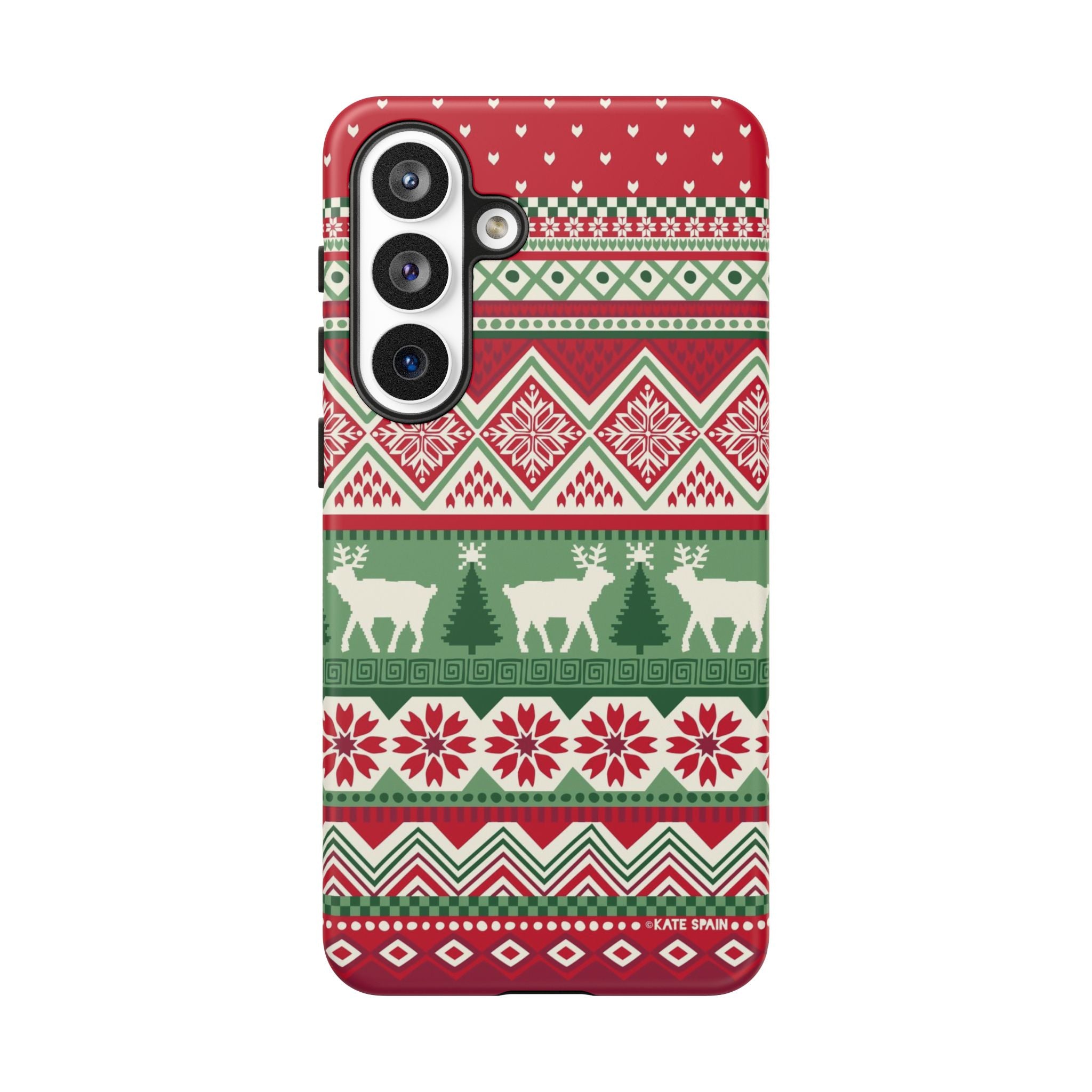 Luxury Telemark Samsung Galaxy S26 Plus Case – Matte | red, green, cream Nordic fair isle reindeer print