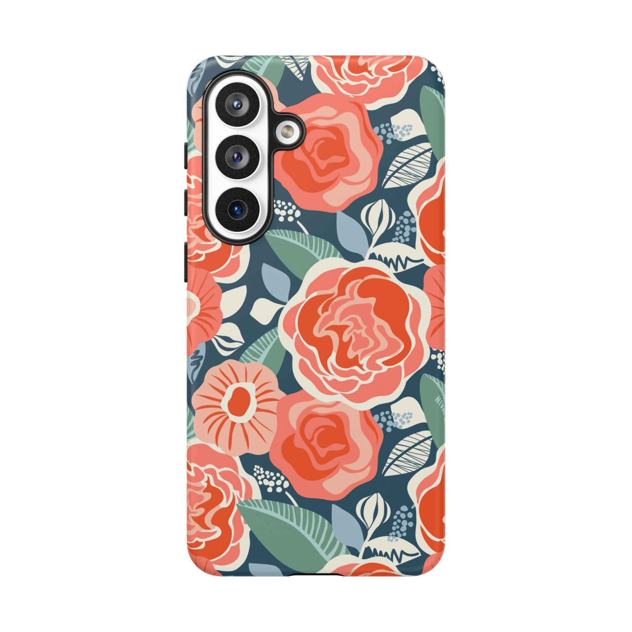 Luxury Tea Rose Navy Samsung Galaxy S26 Plus Case – Matte | navy, coral, peach botanical rose floral print