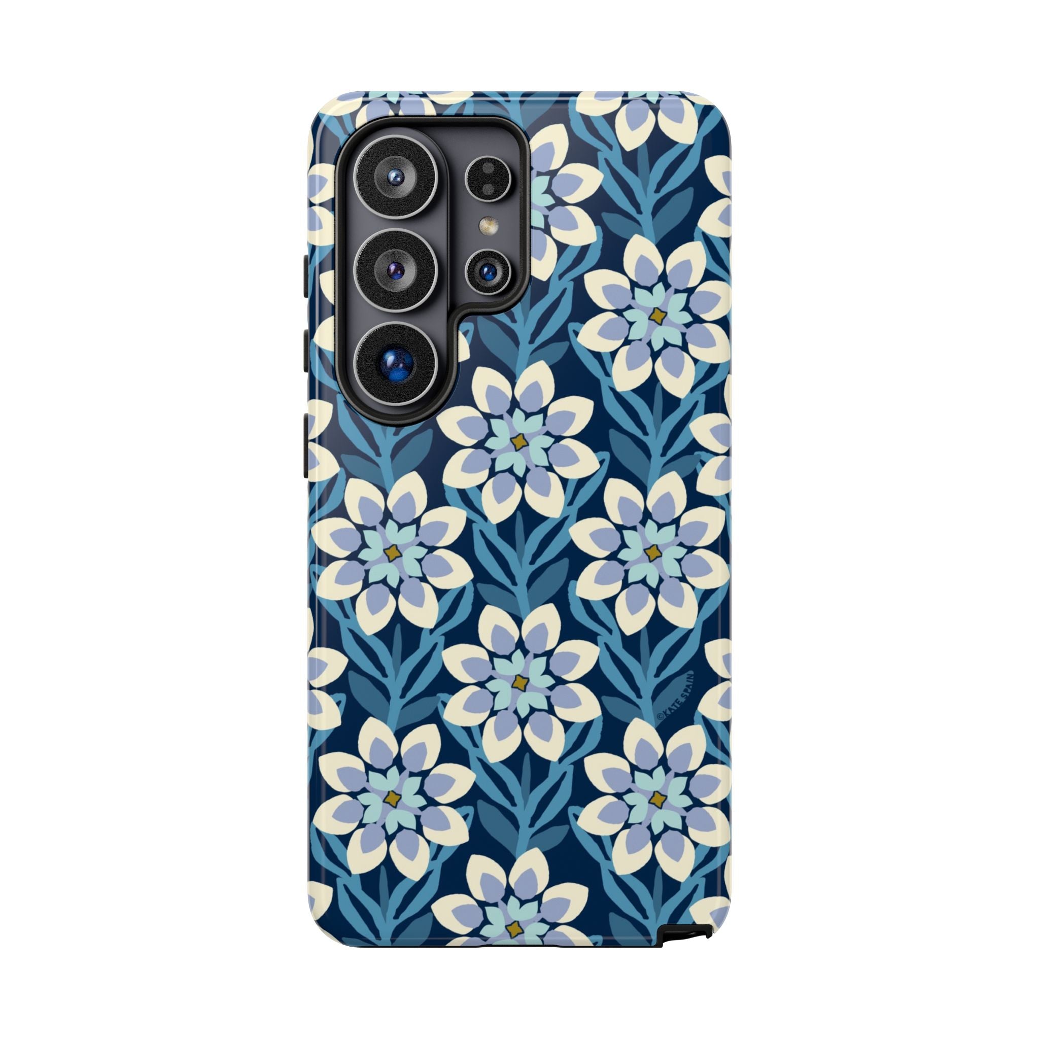 Luxury Modern Dahlia Samsung Galaxy S26 Ultra Case – Glossy | navy, white, periwinkle modern dahlia print