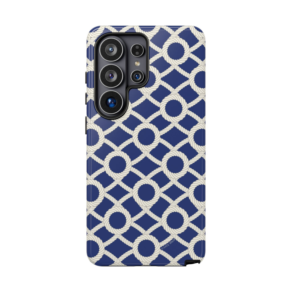 Luxury Sailor's Knot Samsung Galaxy S26 Ultra Case – Glossy | navy, cream nautical rope knot lattice printbackground