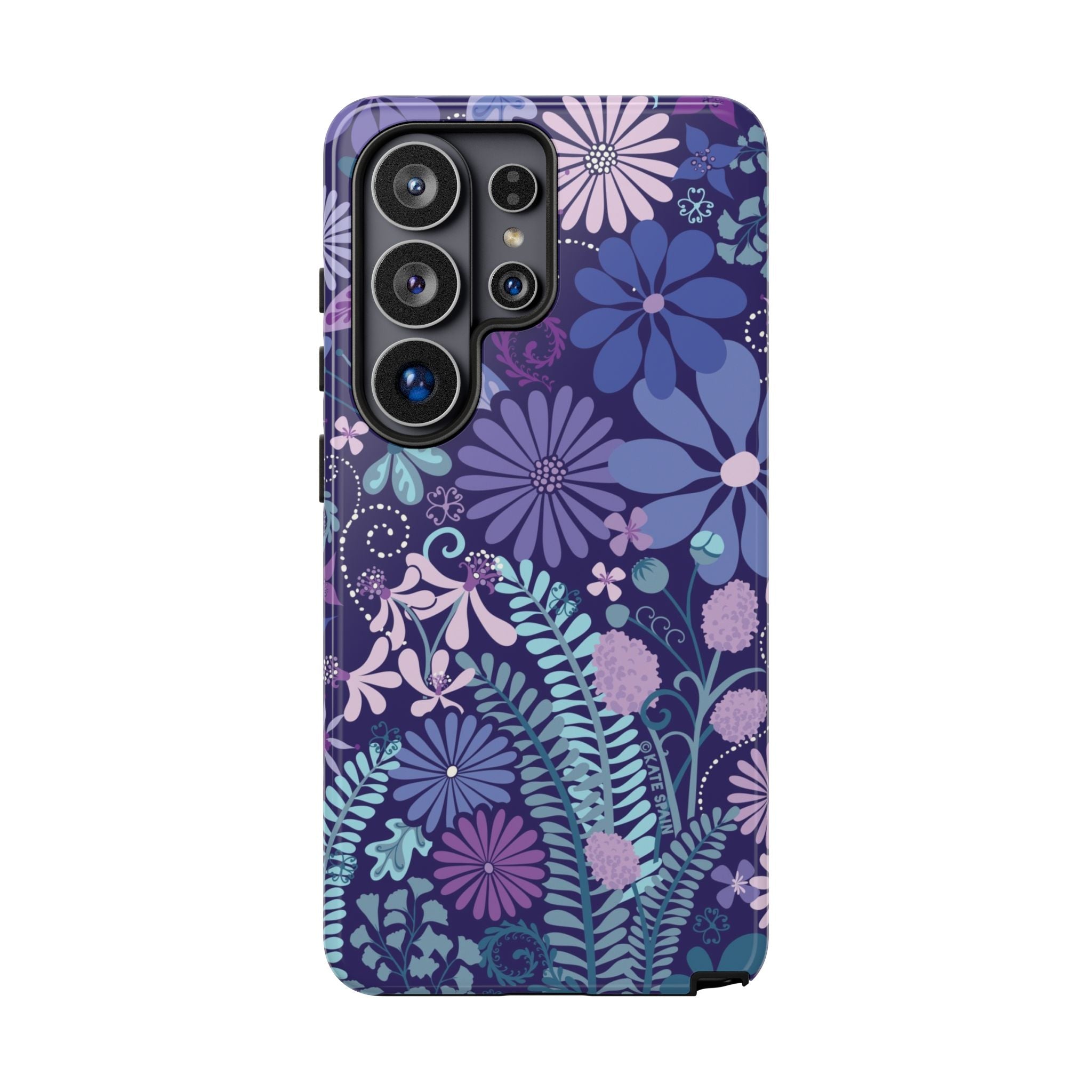 Luxury Terrain Samsung Galaxy S26 Ultra Case – Glossy | navy, purple, aqua botanical woodland floral print