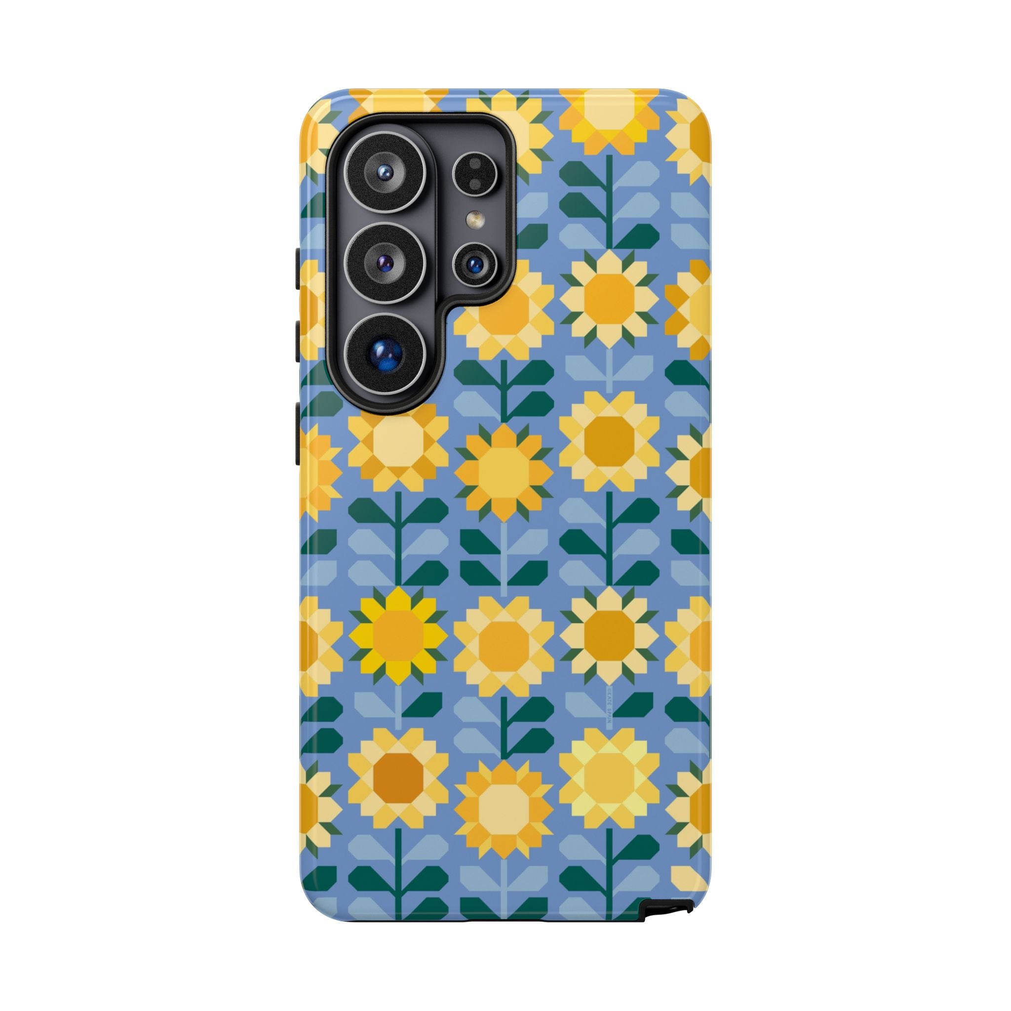 Luxury Sunflowers Samsung Galaxy S26 Ultra Case – Glossy | blue, yellow, gold geometric sunflower print 
