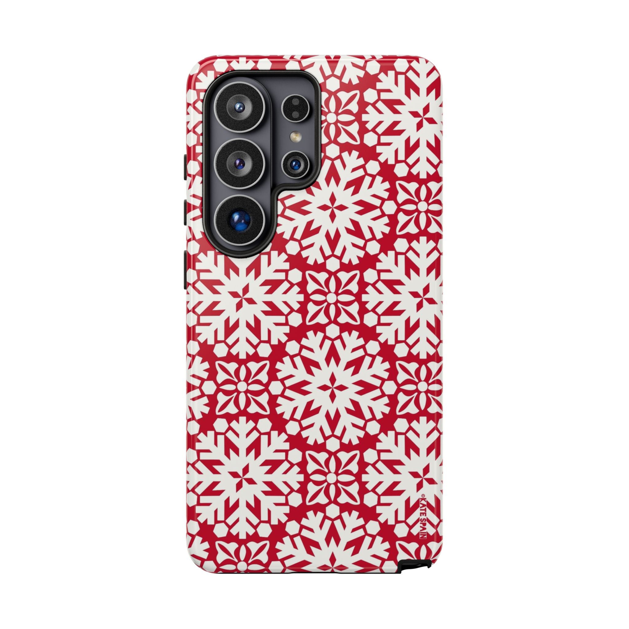 Flurry Samsung Galaxy S26 Ultra Case – Glossy | white, red geometric snowflake tile print