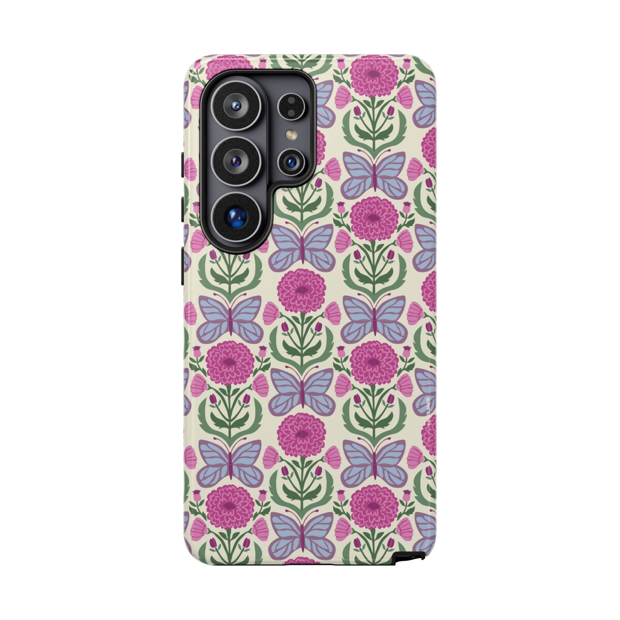 Luxury Butterfly Samsung Galaxy S26 Ultra Case – Glossy | cream, magenta, periwinkle butterfly floral print