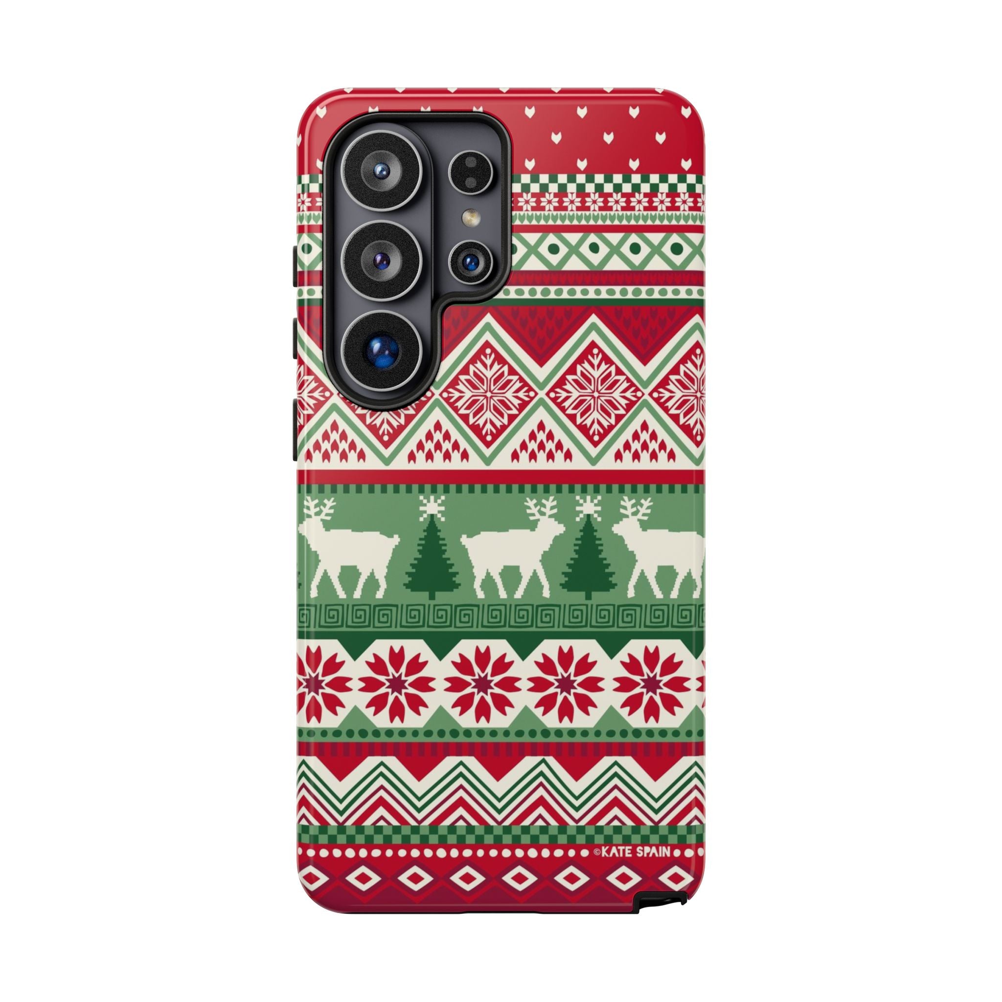 Luxury Telemark Samsung Galaxy S26 Ultra Case – Glossy | red, green, cream Nordic fair isle reindeer print