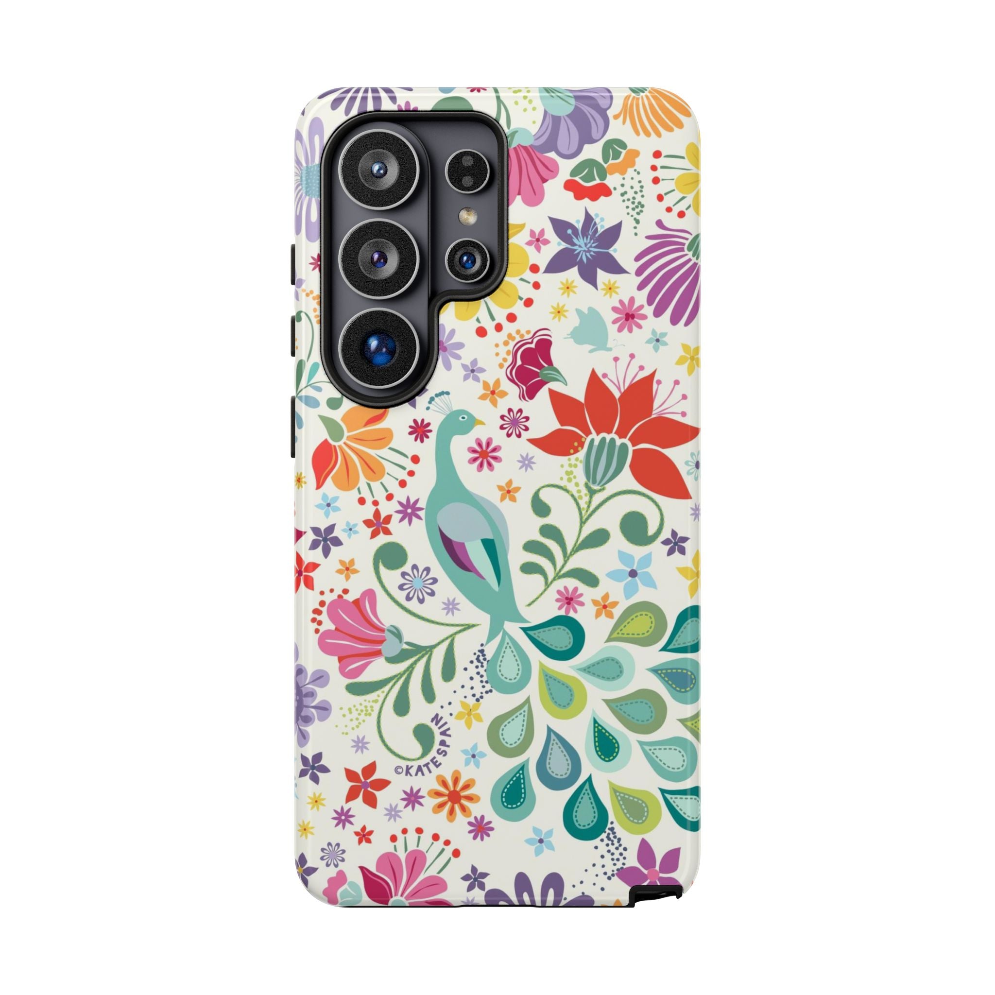 Luxury Peacock Sanctuary Samsung Galaxy S26 Ultra Case – Glossy | white, teal, coral multicolor vibrant peacock feather botanical print
