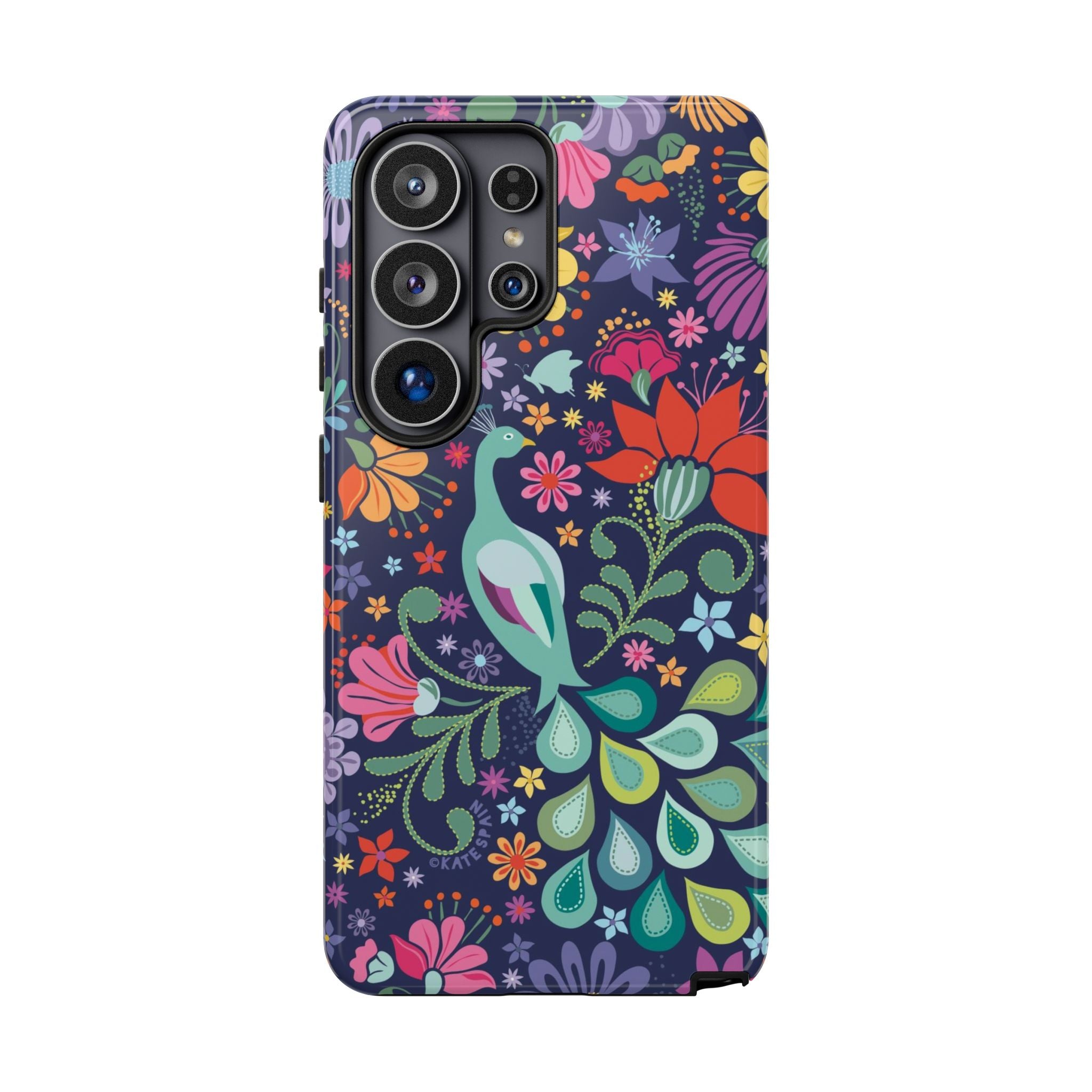 Luxury Peacock Sanctuary Samsung Galaxy S26 Ultra Case – Glossy | navy, teal, coral multicolor vibrant peacock feather botanical print