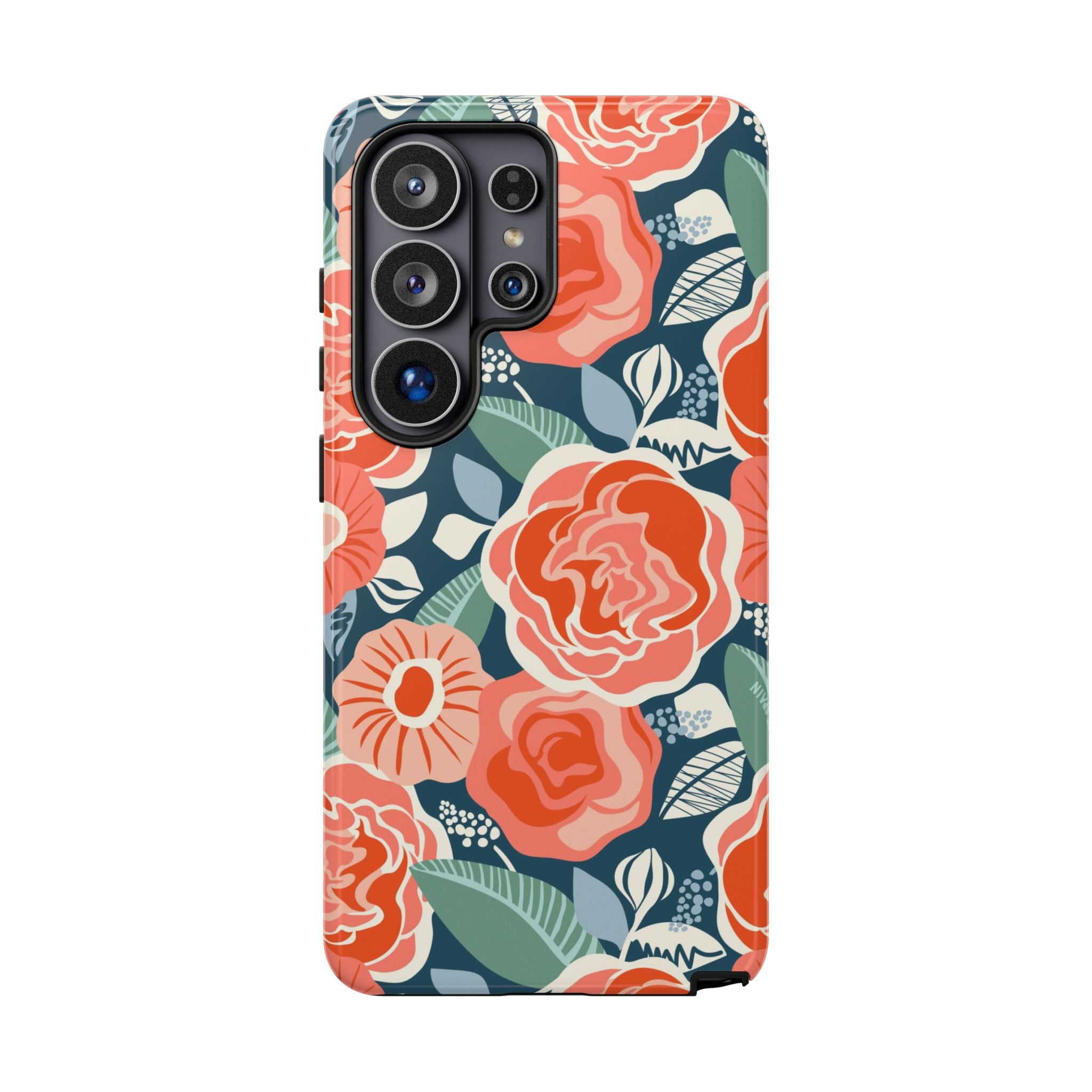 Luxury Tea Rose Navy Samsung Galaxy S26 Ultra Case – Glossy | navy, coral, peach botanical rose floral print